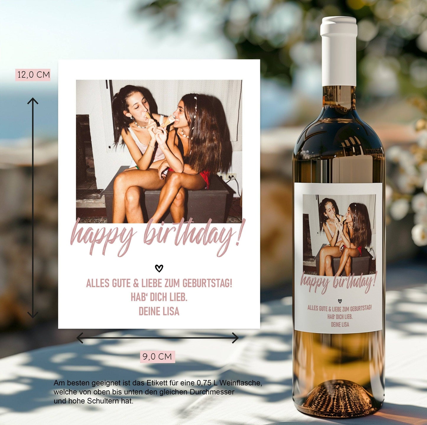 Personalisiertes Weinetikett "Happy Birthday", Geburtstags-Flaschenetikett mit Foto & Namen, ideales Geschenk mit Foto - rosa kleinebuchstaben