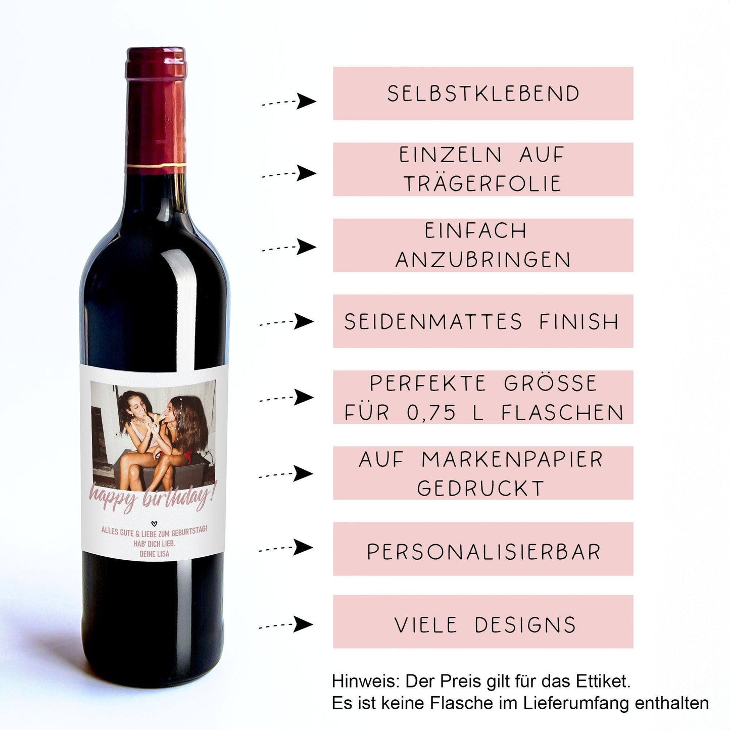 Personalisiertes Weinetikett "Happy Birthday", Geburtstags-Flaschenetikett mit Foto & Namen, ideales Geschenk mit Foto - rosa kleinebuchstaben