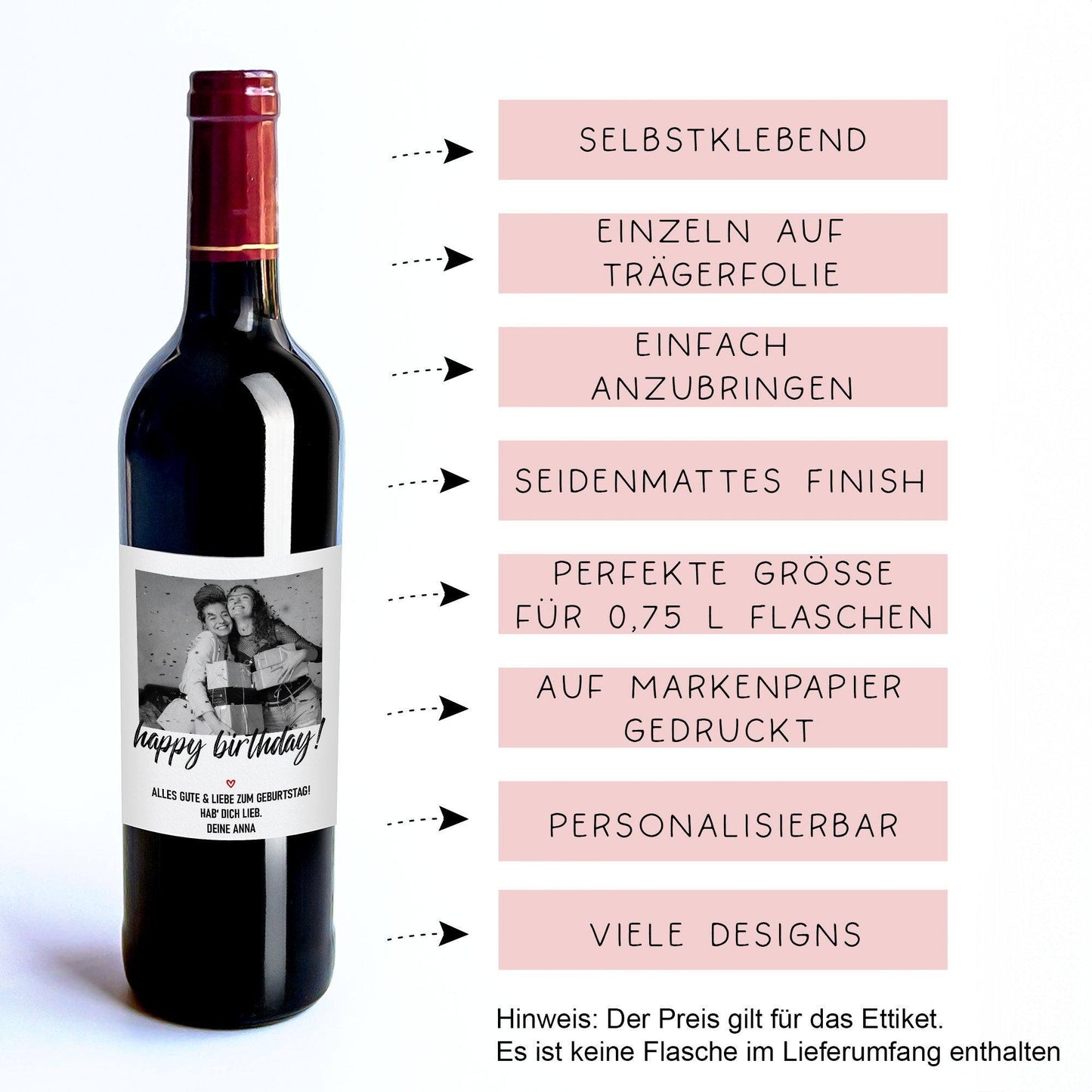 Personalisiertes - Weinetikett Geburtstags-Flaschenetikett "Happy Birthday" mit Foto & Namen - Schwarz kleinebuchstaben