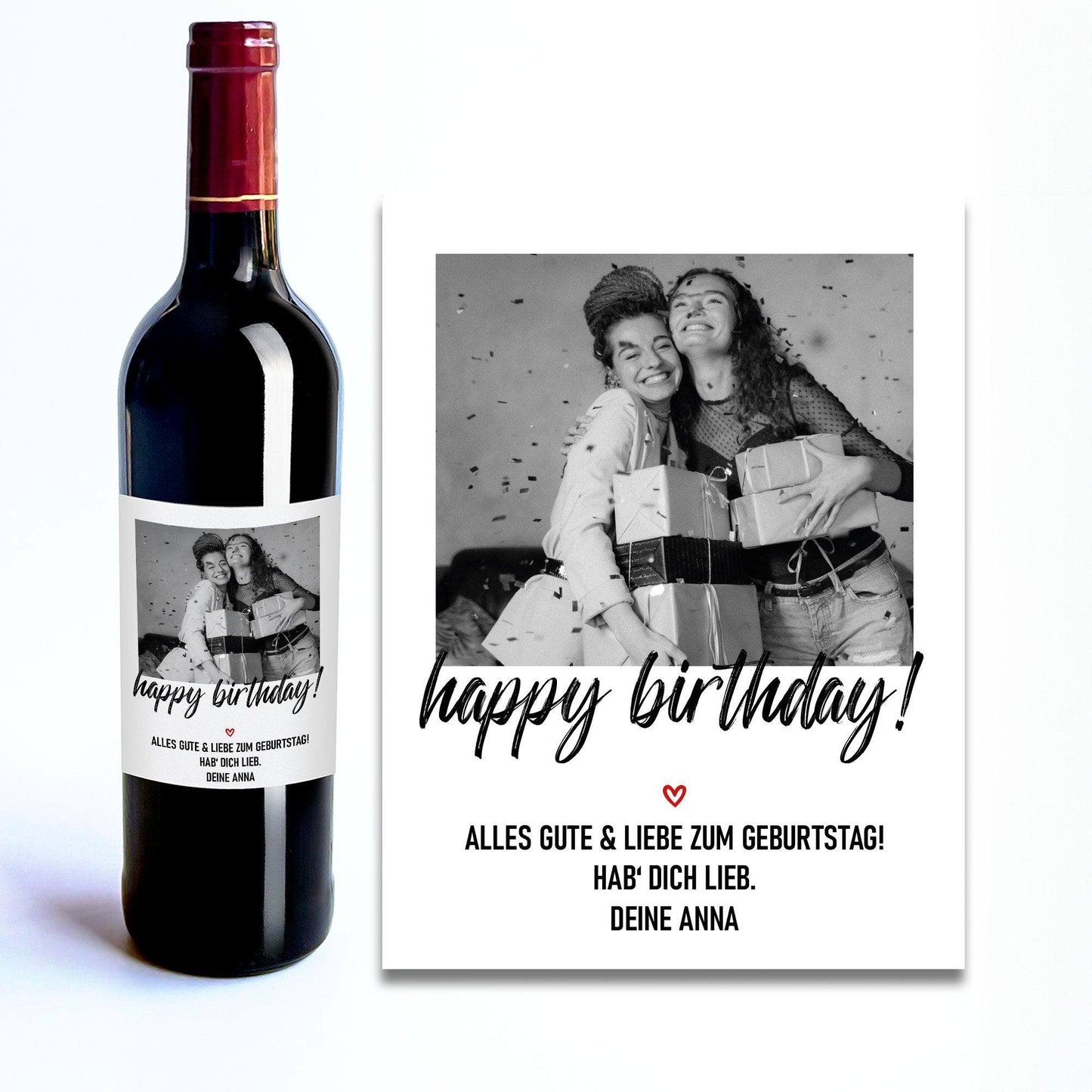 Personalisiertes - Weinetikett Geburtstags-Flaschenetikett "Happy Birthday" mit Foto & Namen - Schwarz kleinebuchstaben