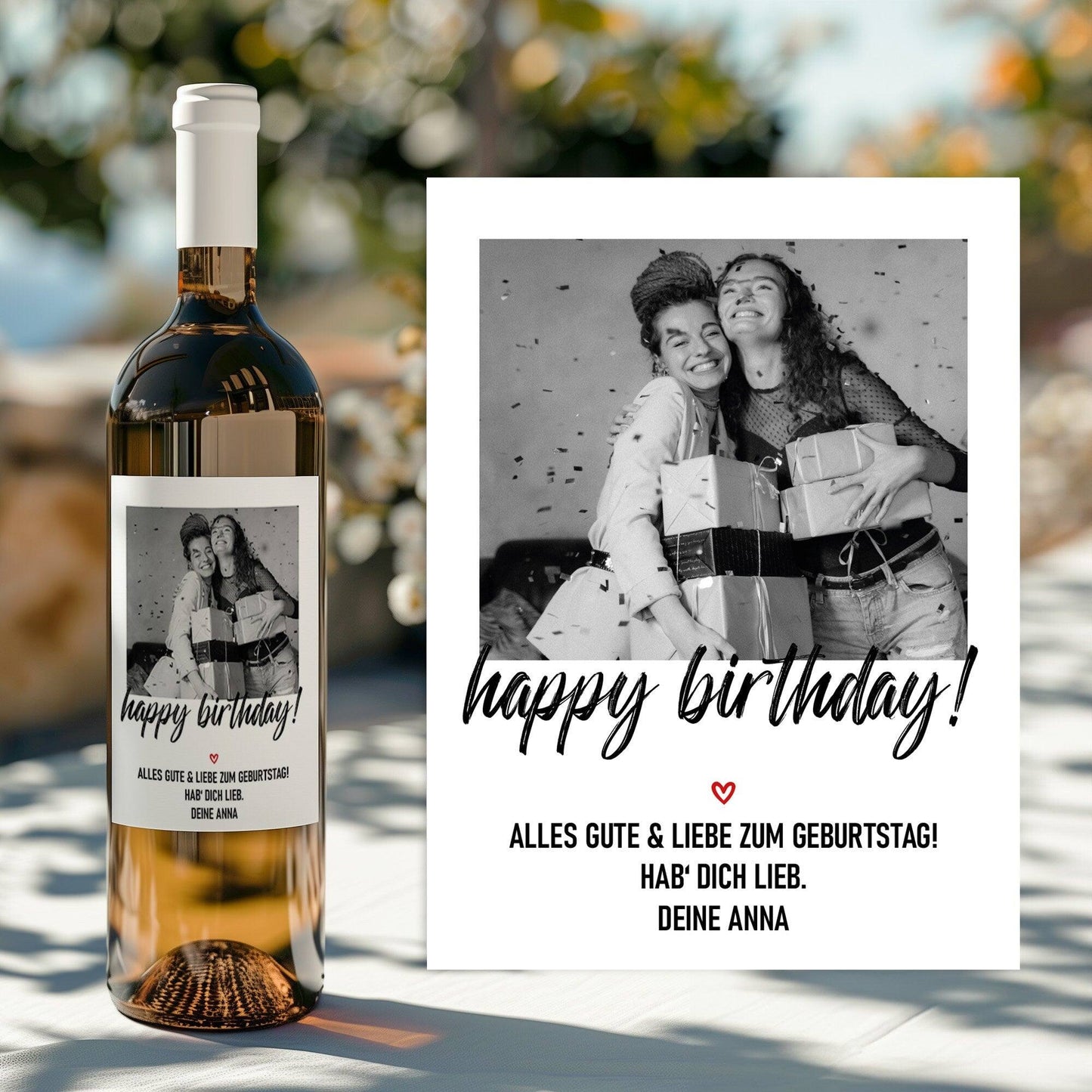 Personalisiertes - Weinetikett Geburtstags-Flaschenetikett "Happy Birthday" mit Foto & Namen - Schwarz kleinebuchstaben