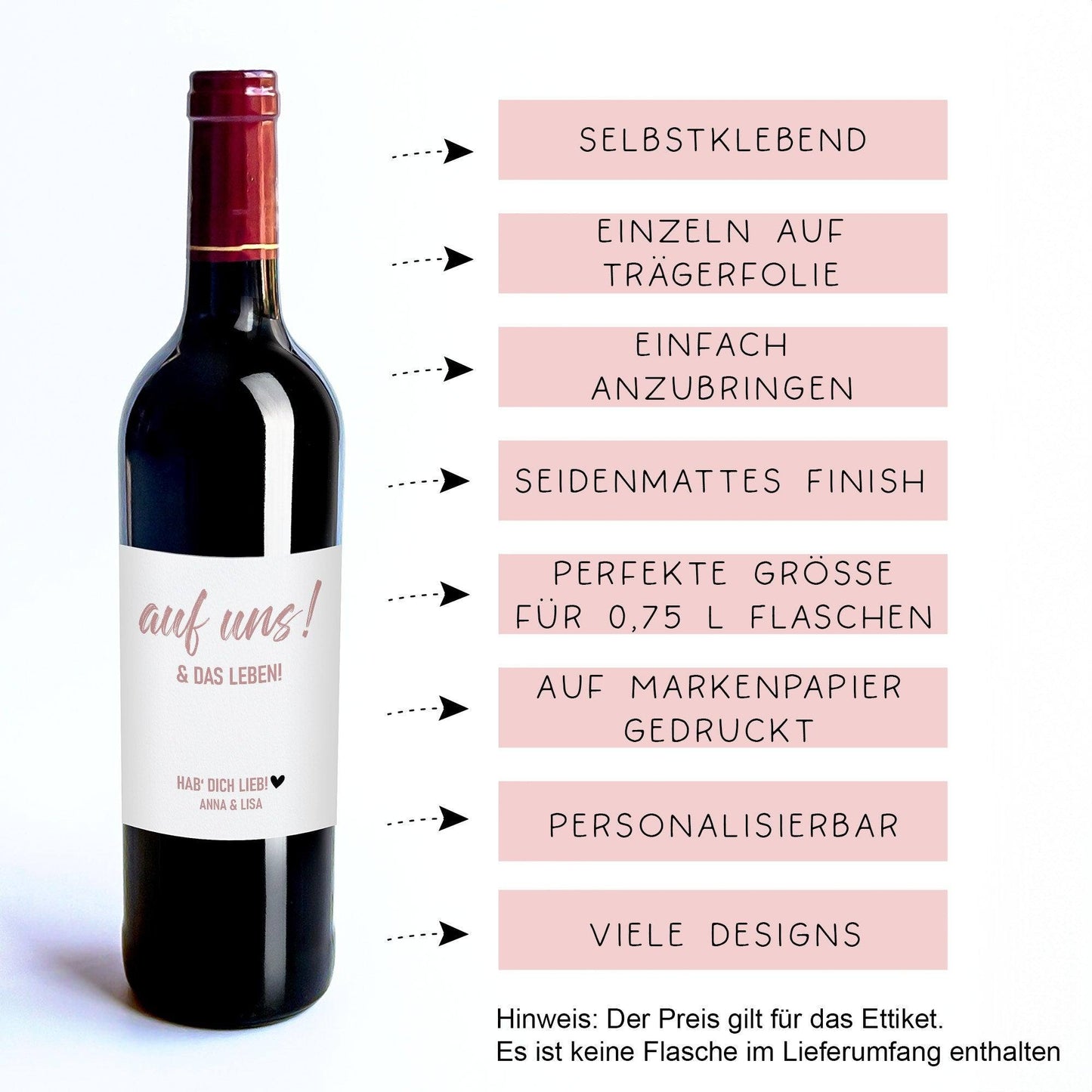Weinetikett mit Namen, auf uns und das Leben, Wunschname Etikett, Geburtstagsgeschenk für Weinliebhaber - Rosa kleinebuchstaben