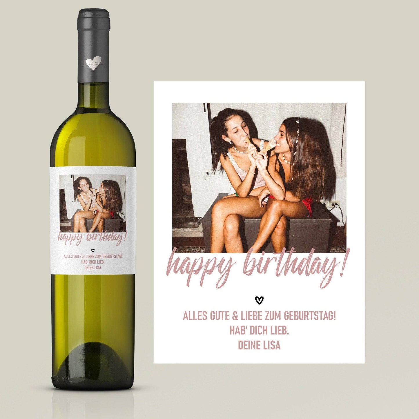Personalisiertes Weinetikett "Happy Birthday", Geburtstags-Flaschenetikett mit Foto & Namen, ideales Geschenk mit Foto - rosa kleinebuchstaben