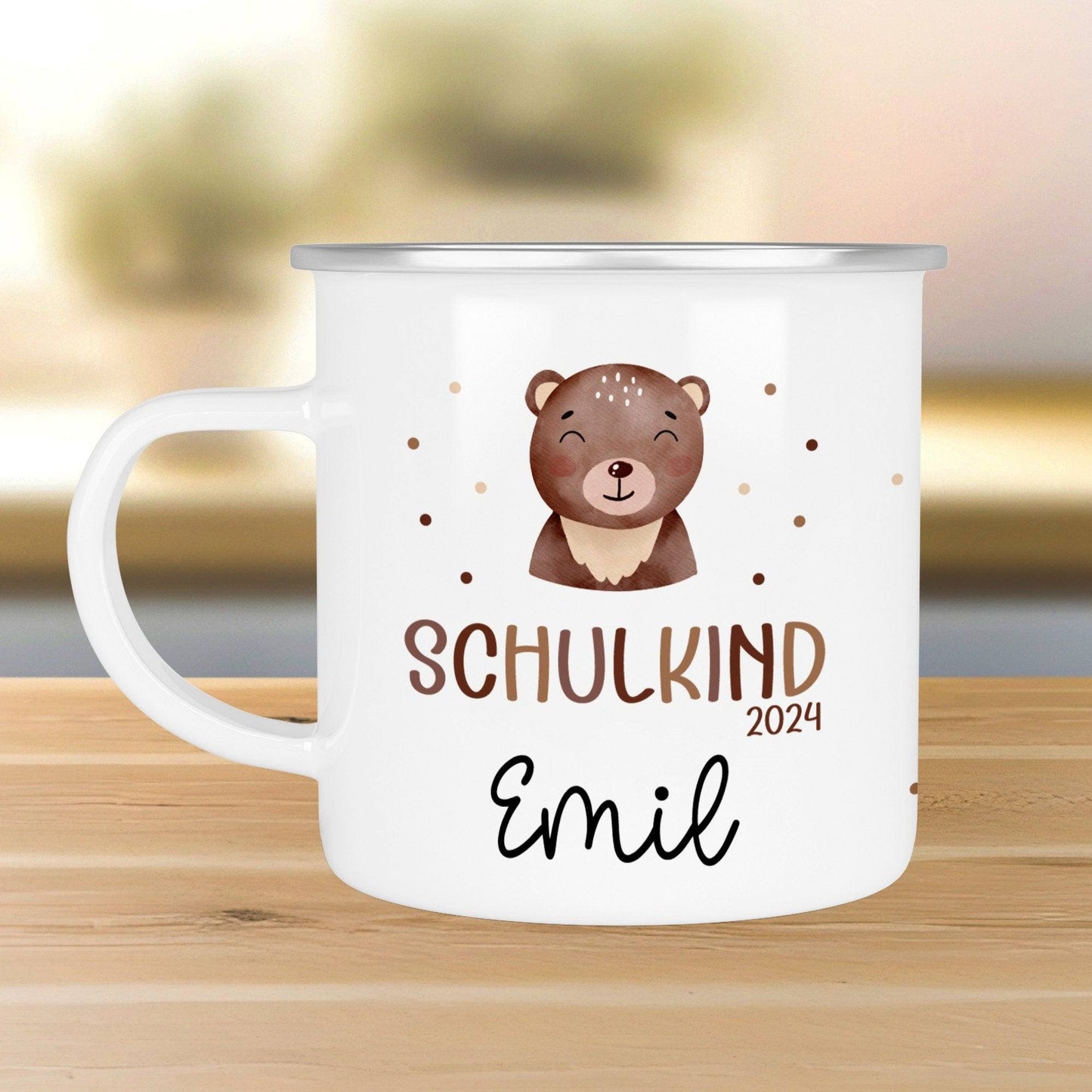 Schulanfang Schulkind 2024 Emaille-Tasse, personalisierte Kindertasse mit Namen, Einschulungsgeschenk Bär kleinebuchstaben