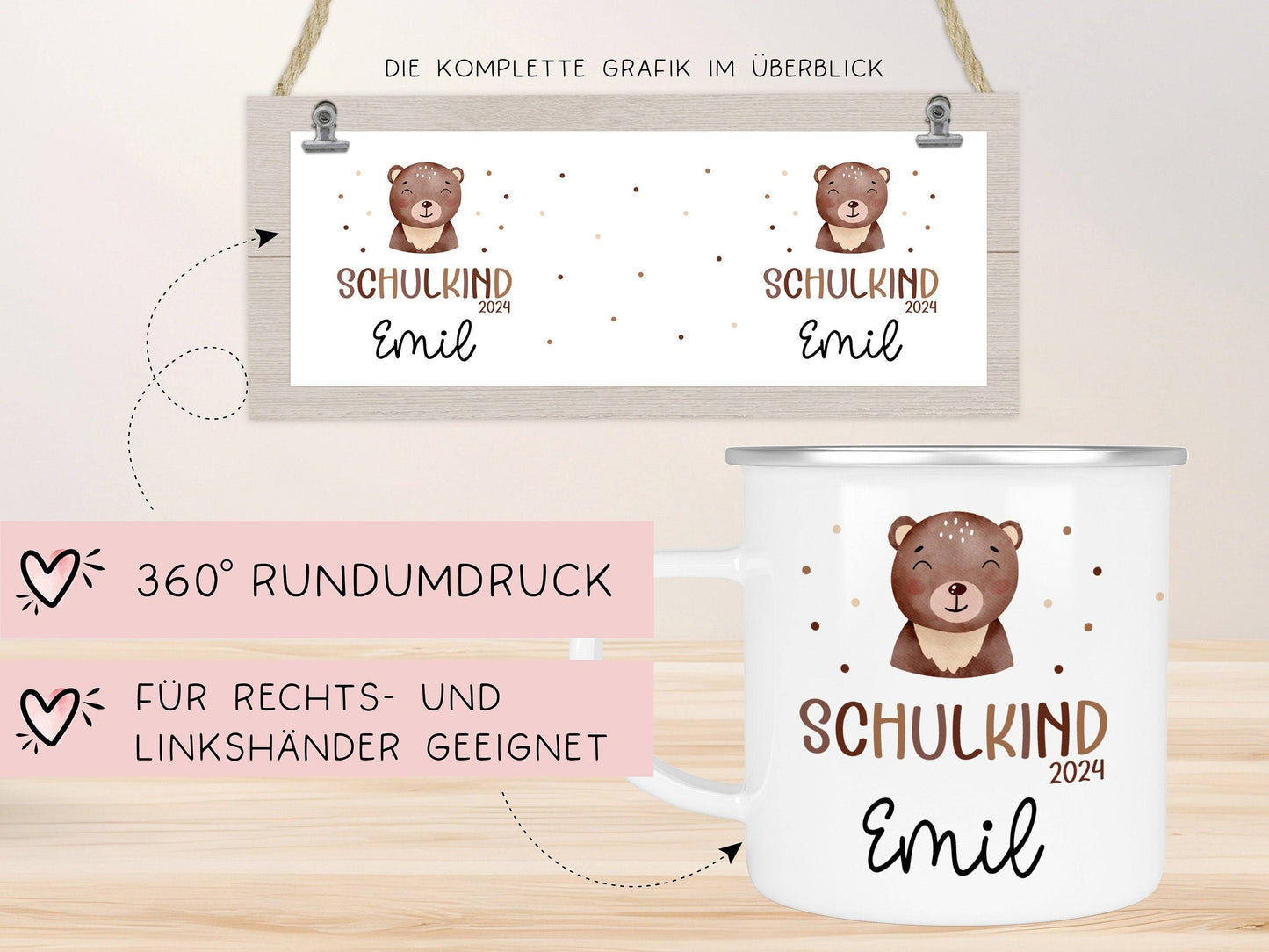 Schulanfang Schulkind 2024 Emaille-Tasse, personalisierte Kindertasse mit Namen, Einschulungsgeschenk Bär kleinebuchstaben
