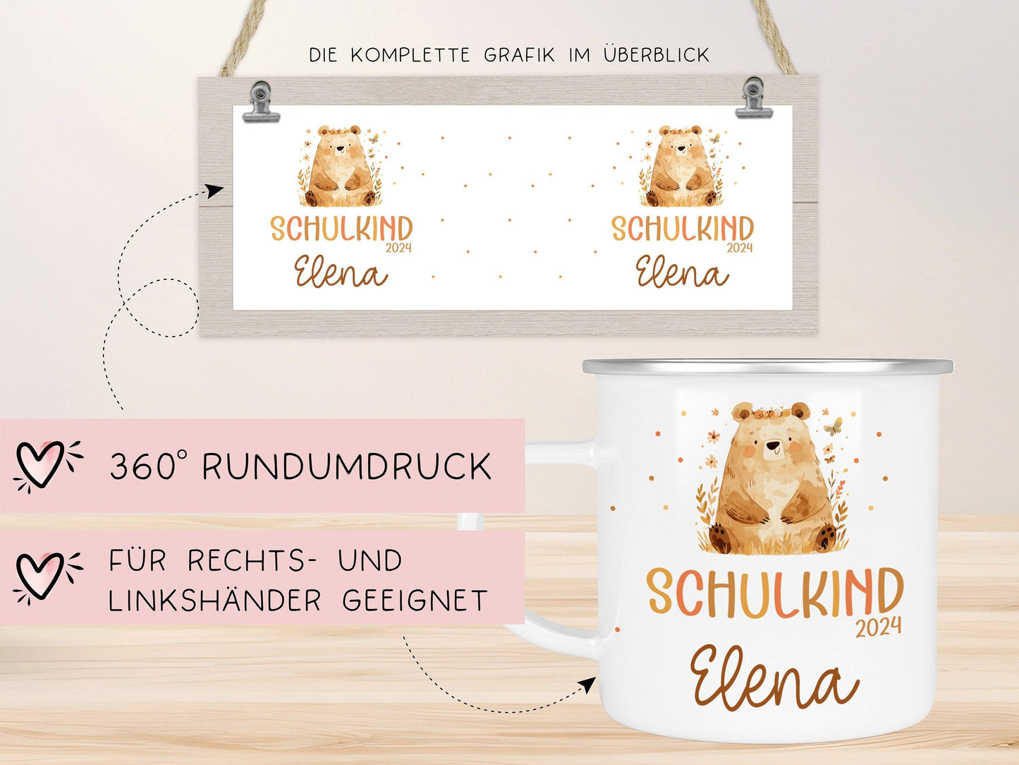 Bär Kindertasse Schulkind Name Emaille Tasse Kind Kindergeschirr personalisiert Kinder Geschenk Geburtstagsgeschenk kleinebuchstaben