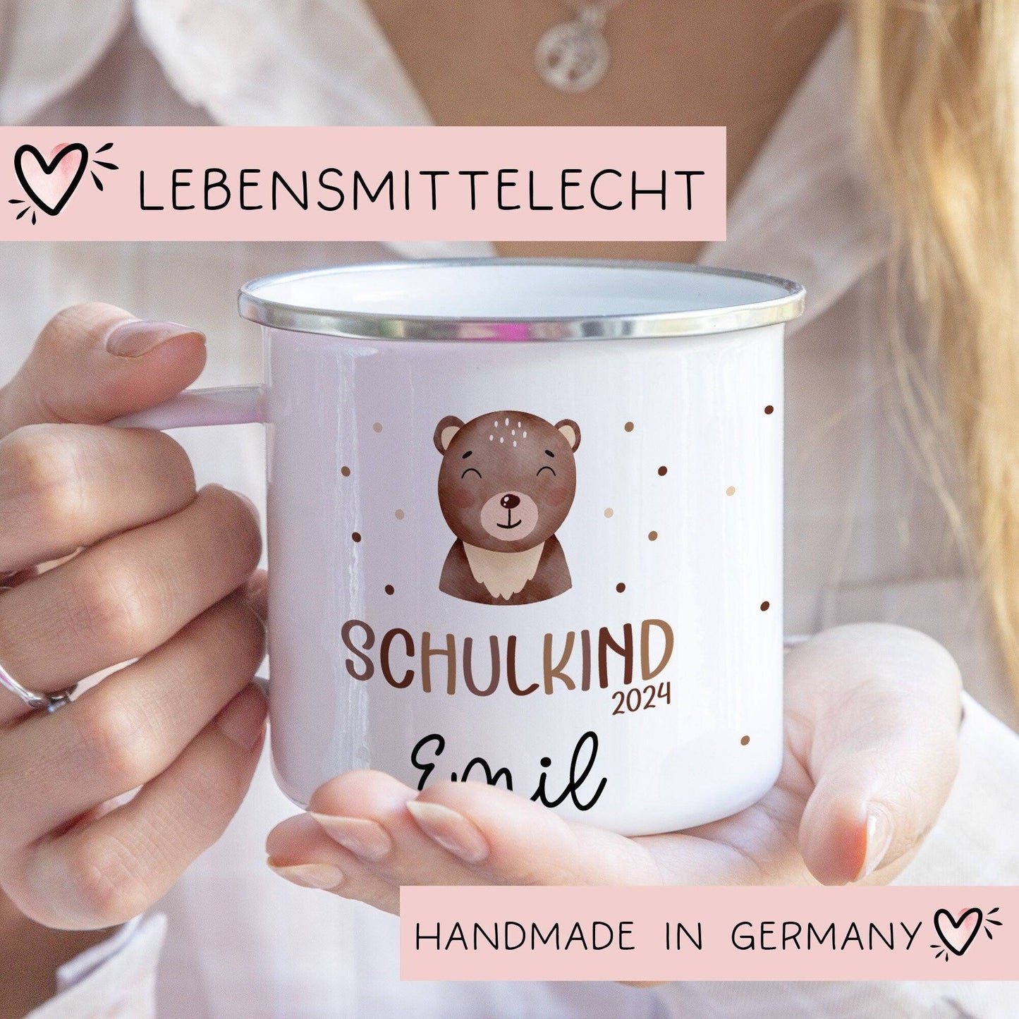 Kindertasse Schulkind Schulanfang Name Emaille Tasse Kind Kindergeschirr personalisiert Kinder Fuchs Bär Flugzeug Fee Bagger Ballerina kleinebuchstaben Bär Emaille Silber