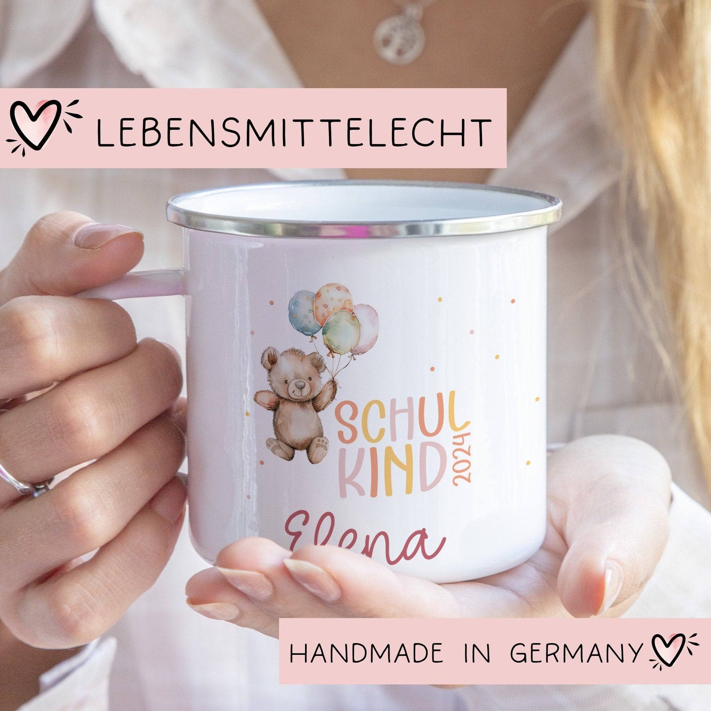Kindertasse Schulkind Schulanfang Name Emaille Tasse Kind Kindergeschirr personalisiert Kinder Fuchs Bär Flugzeug Fee Bagger Ballerina kleinebuchstaben Bär mit Luftballons Emaille Silber