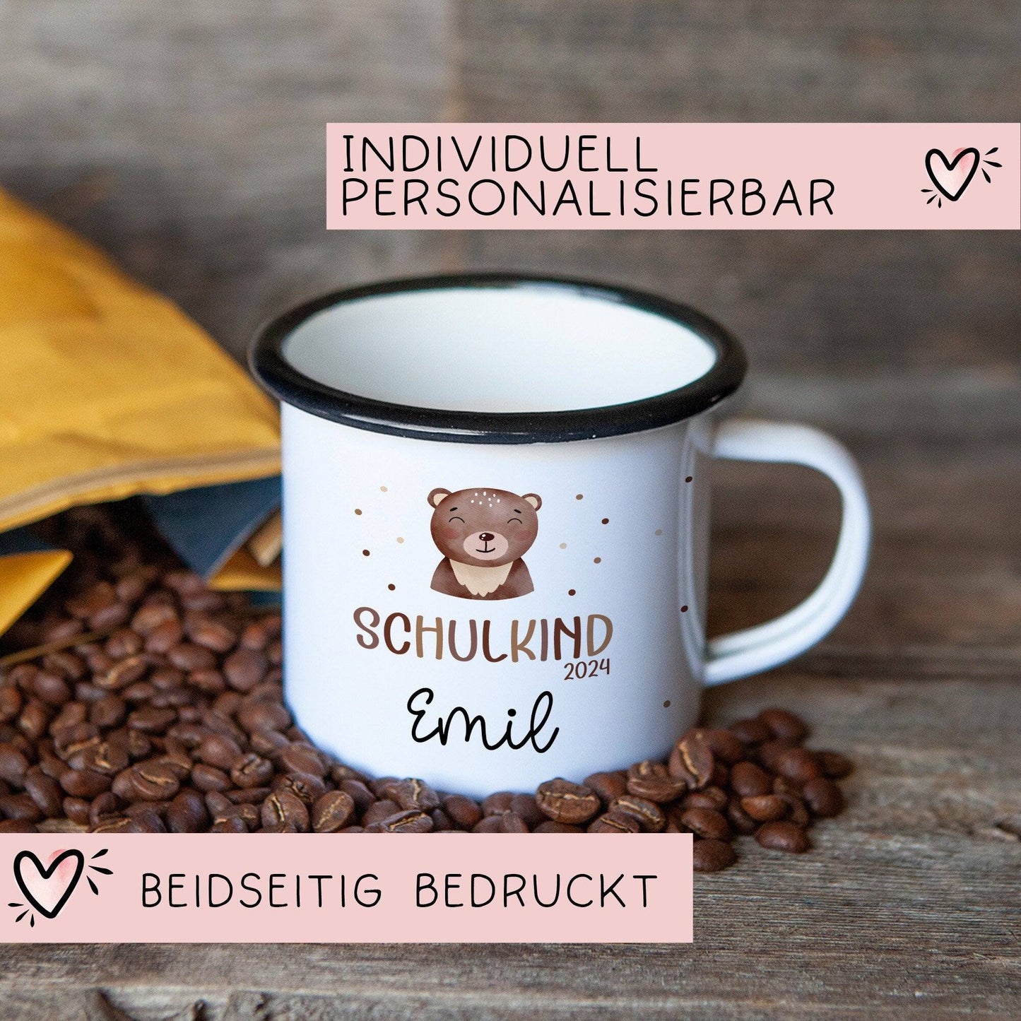 Schulanfang Schulkind 2024 Emaille-Tasse - personalisierte Kindertasse mit Namen und Bär-Motiv - perfektes Einschulungsgeschenk kleinebuchstaben