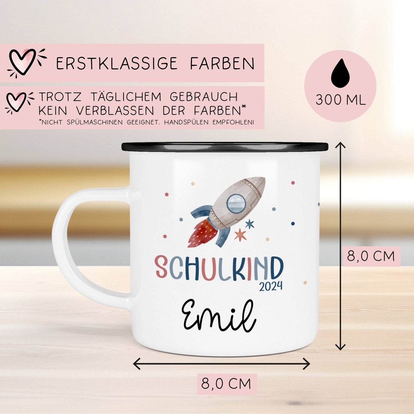 Schulanfang Schulkind 2024 Emaille-Tasse | Personalisiert mit Wunschnamen | Kindertasse zur Einschulung | Astronaut mit Rakete-Motiv kleinebuchstaben
