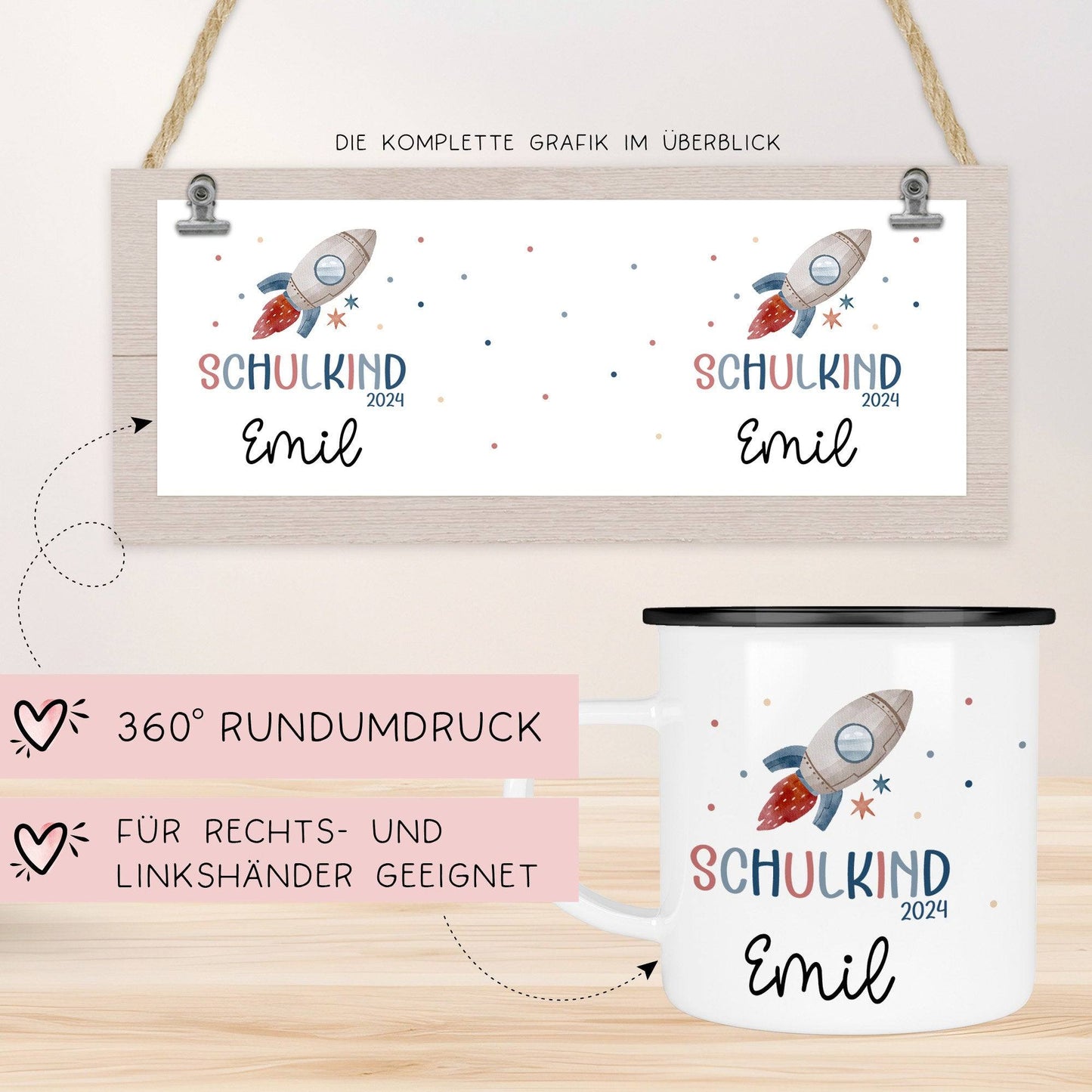 Schulanfang Schulkind 2024 Emaille-Tasse | Personalisiert mit Wunschnamen | Kindertasse zur Einschulung | Astronaut mit Rakete-Motiv kleinebuchstaben