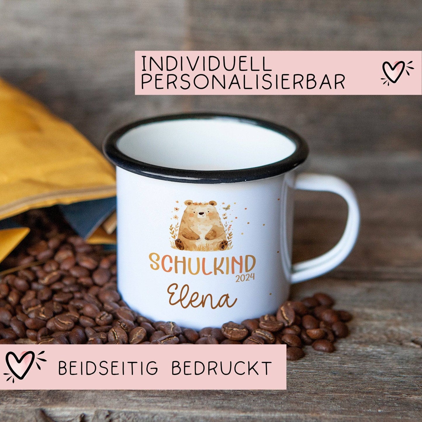Schulanfang Kindertasse Schulkind mit Bär-Motiv - personalisierte Emaille-Tasse mit Namen - ideales Einschulungsgeschenk kleinebuchstaben