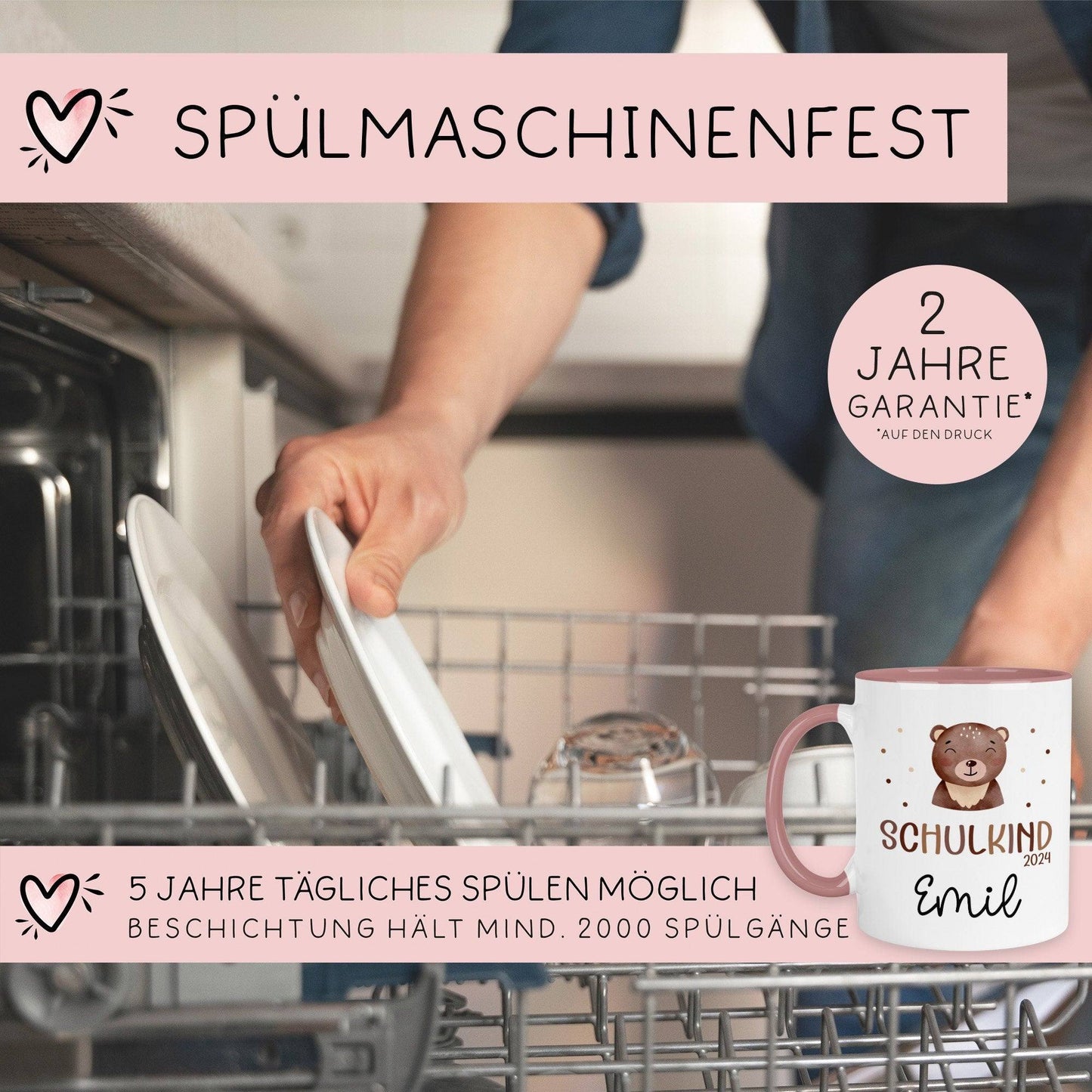 Schulkind 2024 Tasse, personalisierte Kindertasse mit Namen, Einschulungsgeschenk Bär kleinebuchstaben