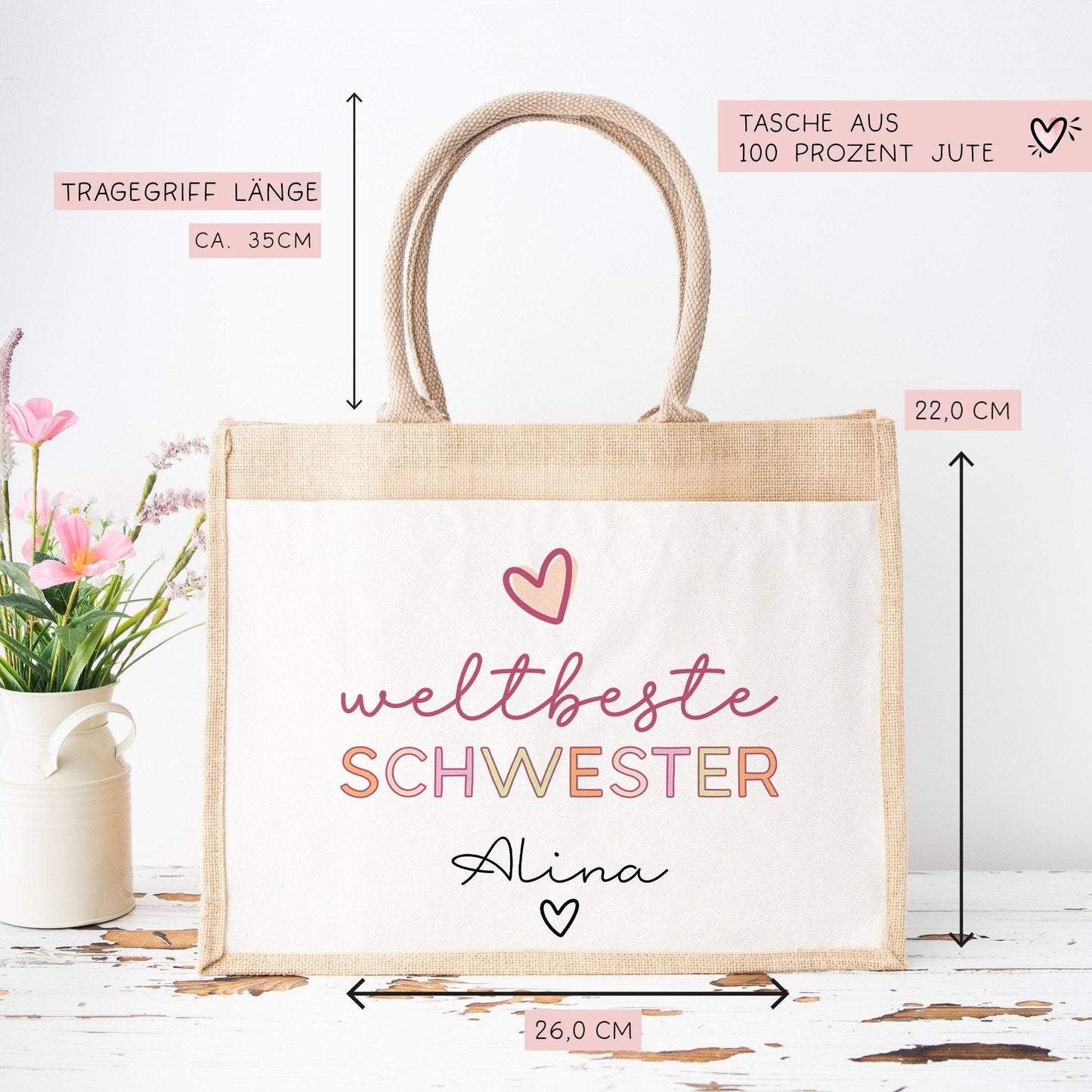 Weltbeste Schwester Tasche Stoffbeutel - mit Wunschname - Einkaufstasche - Tolle Geschenkidee für mit Namen zum Geburtstag Personalisiert kleinebuchstaben