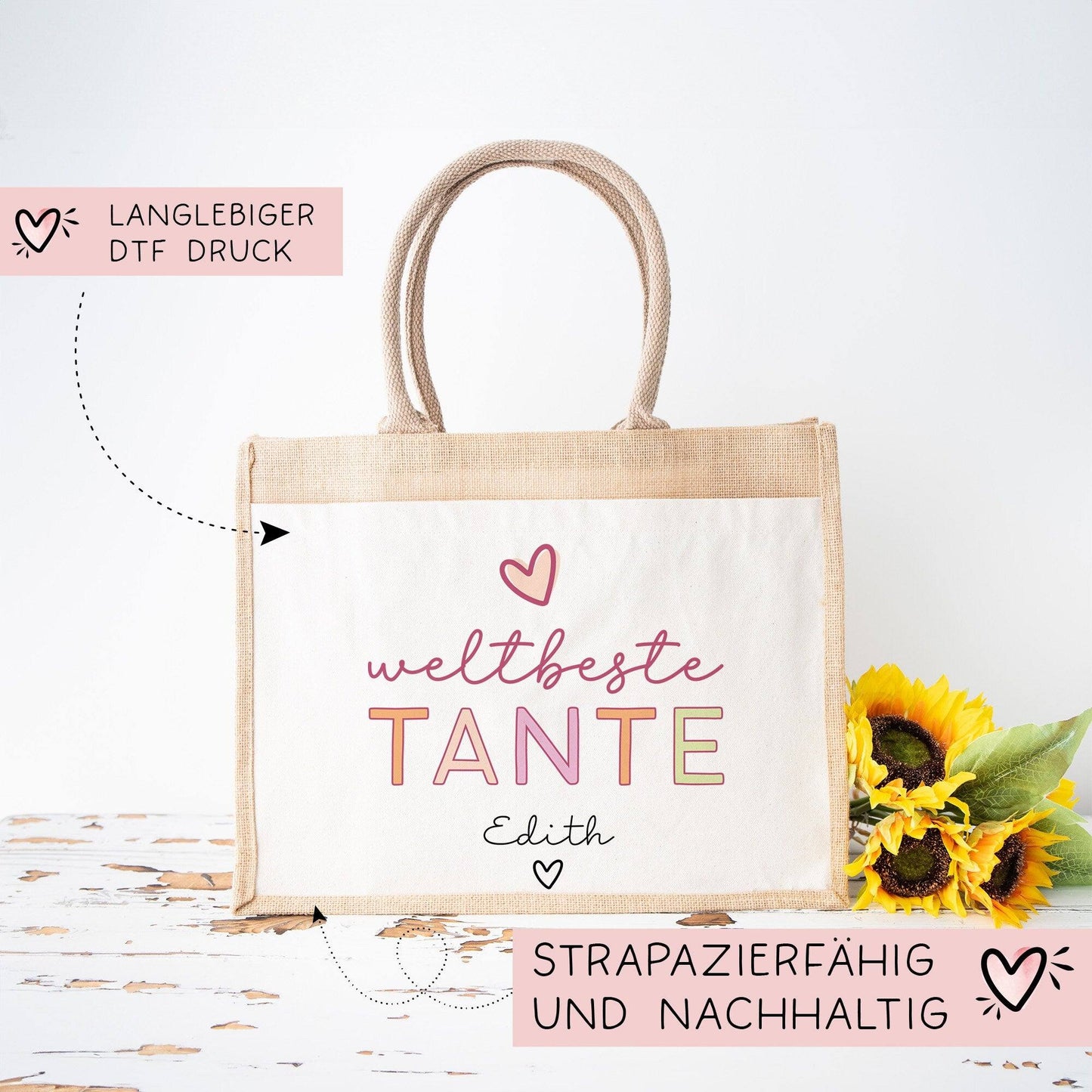 Weltbeste Tante Tasche Stoffbeutel - mit Wunschname - Einkaufstasche - Tolle Geschenkidee für mit Namen zum Geburtstag Personalisiert kleinebuchstaben