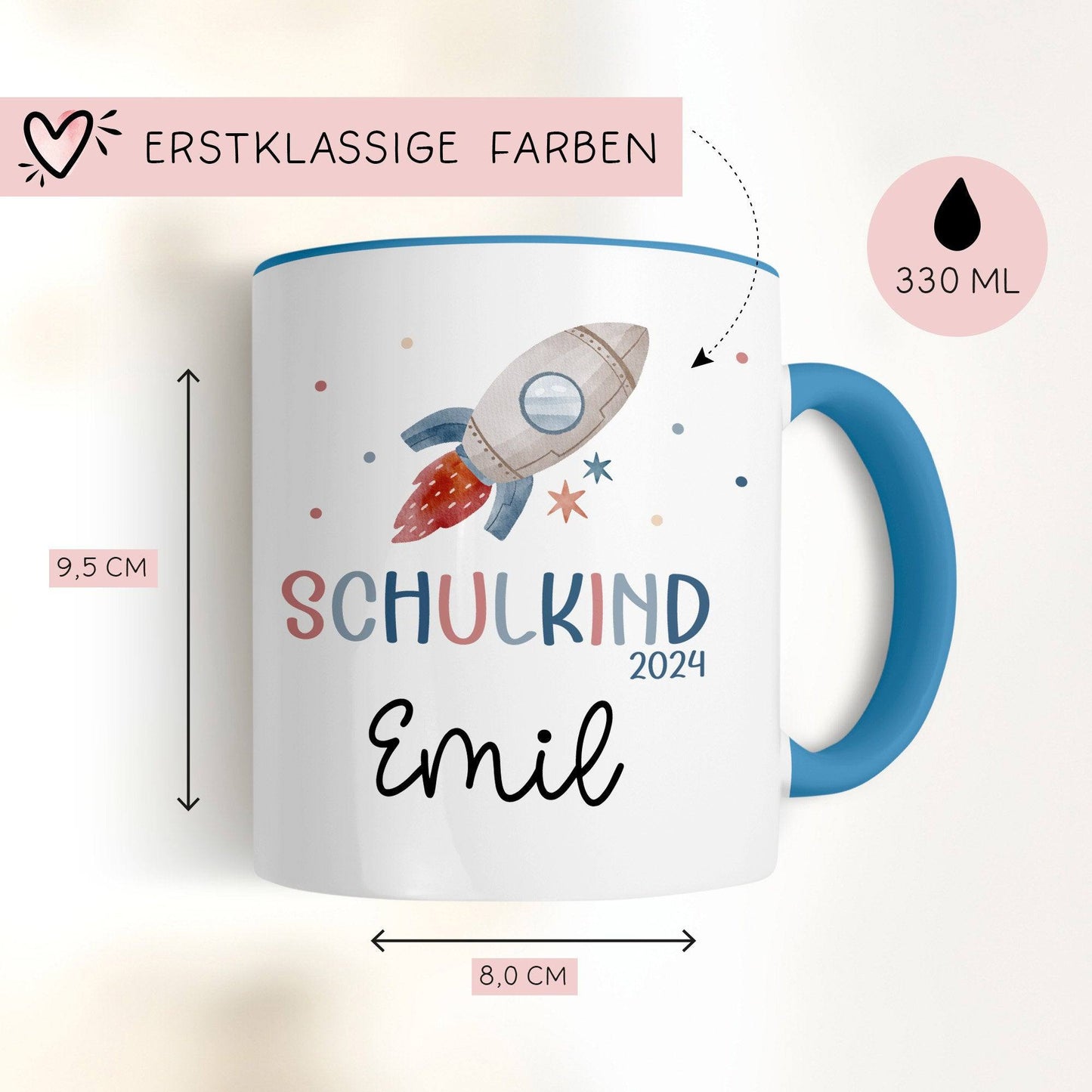 Schulkind 2024 Rakete Tasse Personalisiert mit Wunschnamen Kindertasse mit Namen zur Einschulung kleinebuchstaben