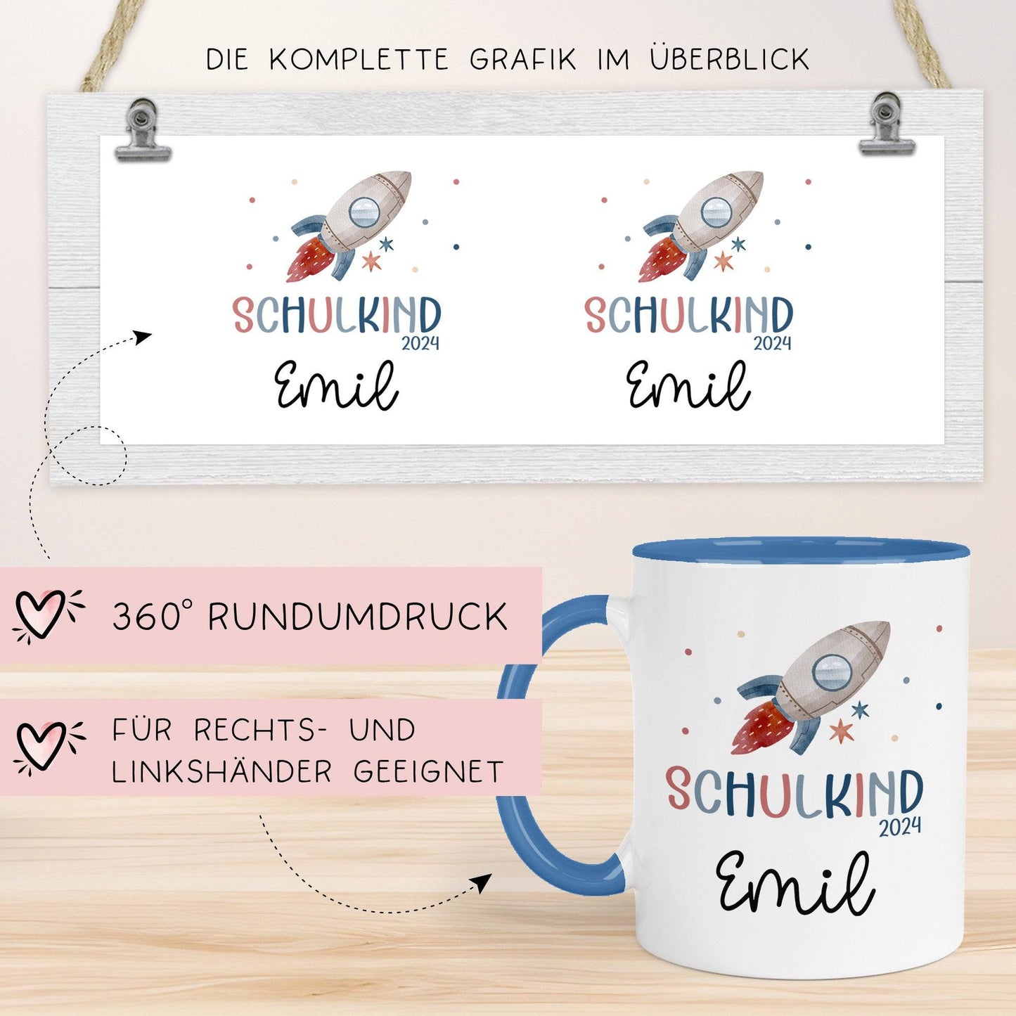 Schulkind 2024 Rakete Tasse Personalisiert mit Wunschnamen Kindertasse mit Namen zur Einschulung kleinebuchstaben