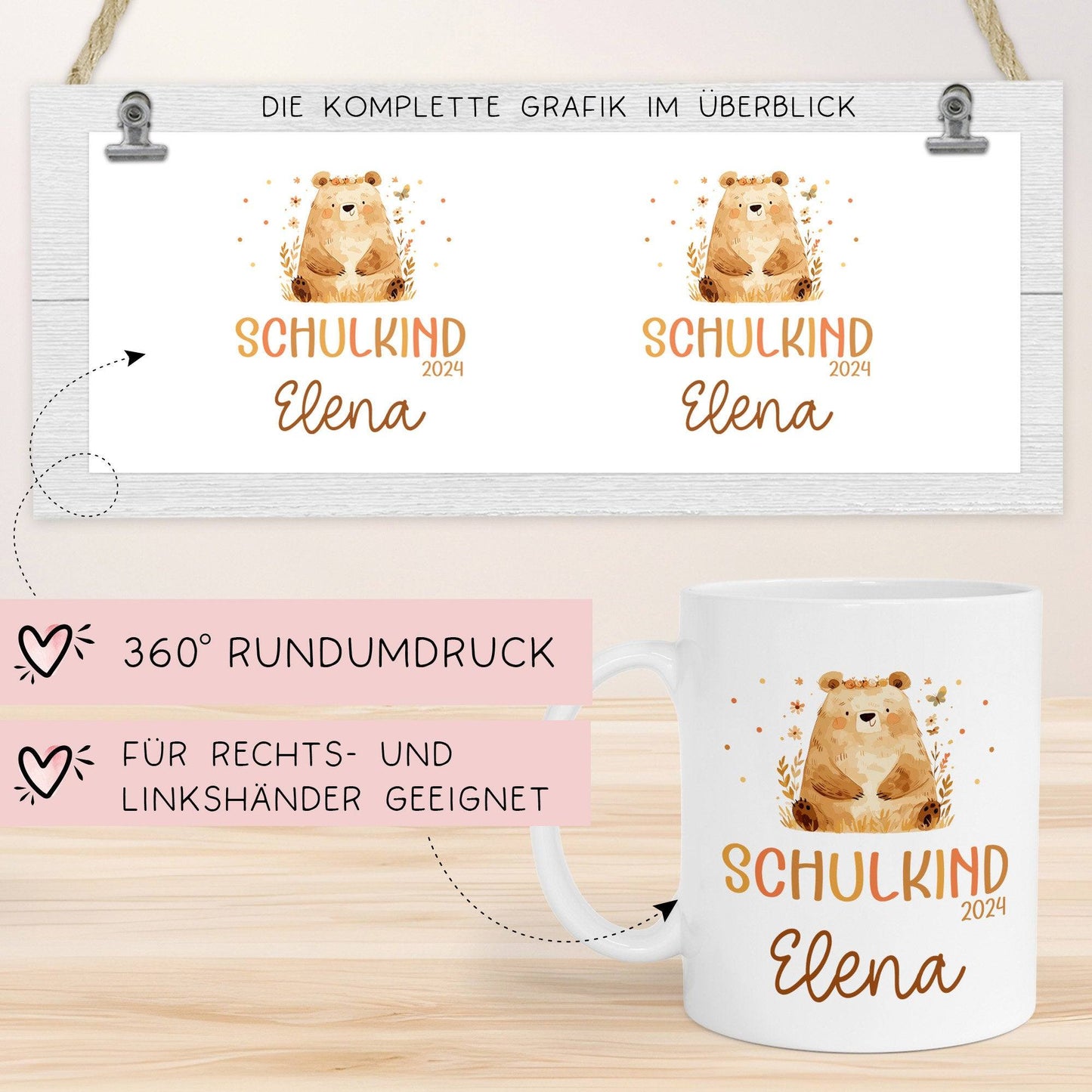 Schulkind 2024 Bär Kindertasse Name Kakao Tasse Kind Kindergeschirr personalisiert Kinder Geschenk Geburtstagsgeschenk kleinebuchstaben