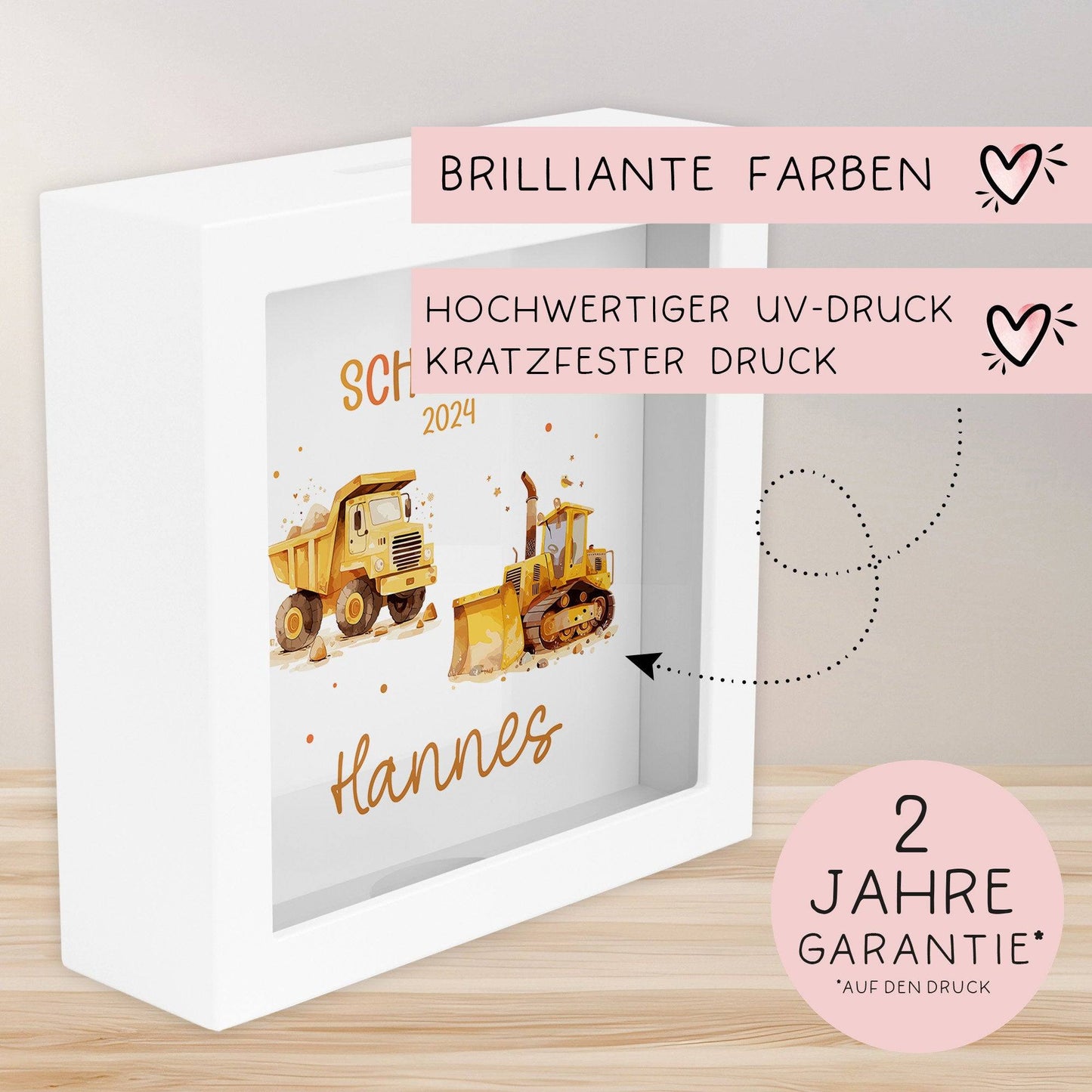 Schulkind 2024 LKW & Kipper Spardose mit Wunschname Fee Name Kind personalisiert Kinder Geburtstagsgeschenk Einschulung mit Wunschtext kleinebuchstaben