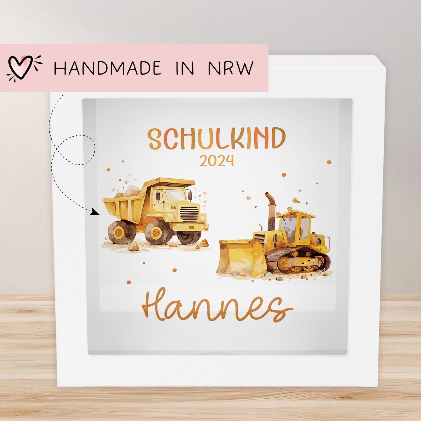 Schulkind 2024 LKW & Kipper Spardose mit Wunschname Fee Name Kind personalisiert Kinder Geburtstagsgeschenk Einschulung mit Wunschtext kleinebuchstaben