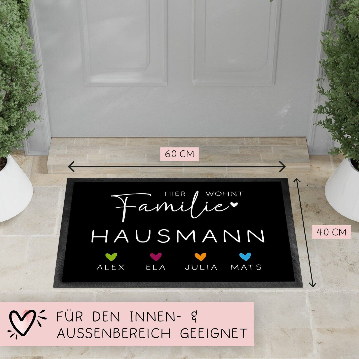 Personalisierte Fußmatte - Fussmatte mit Wunschnamen | Familie mit Herzen Haustier | 60x40 cm | Geschenkidee zum Umzug, Umzug kleinebuchstaben
