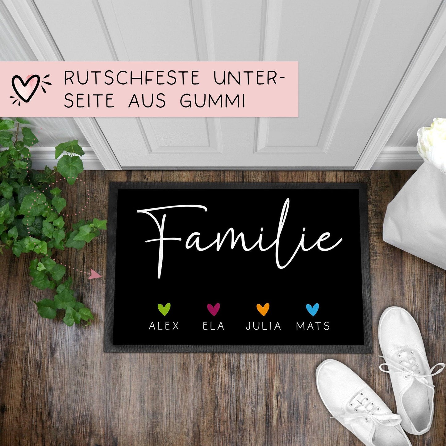 Personalisierte Fußmatte - Fussmatte mit Wunschnamen | Familie mit Herzen | 60x40 cm | Geschenkidee zum Umzug, Einzug für Familien, Umzug  kleinebuchstaben