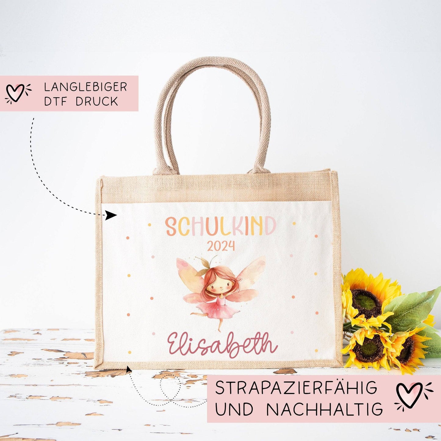 Ballerina Fee Schulkind Tasche 2024, Schultasche, Geschenk Einschulung, Schultüte, personalisierte Jutetasche, Einschulungsgeschenk kleinebuchstaben