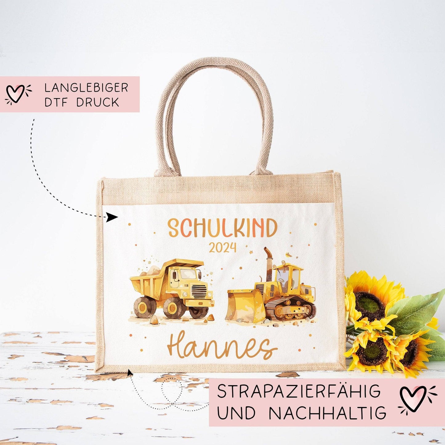 Schulkind Tasche 2024, Baustelle Kipper & LKW, Schultasche, Geschenk Einschulung, personalisierte Jutetasche, Einschulungsgeschenk kleinebuchstaben