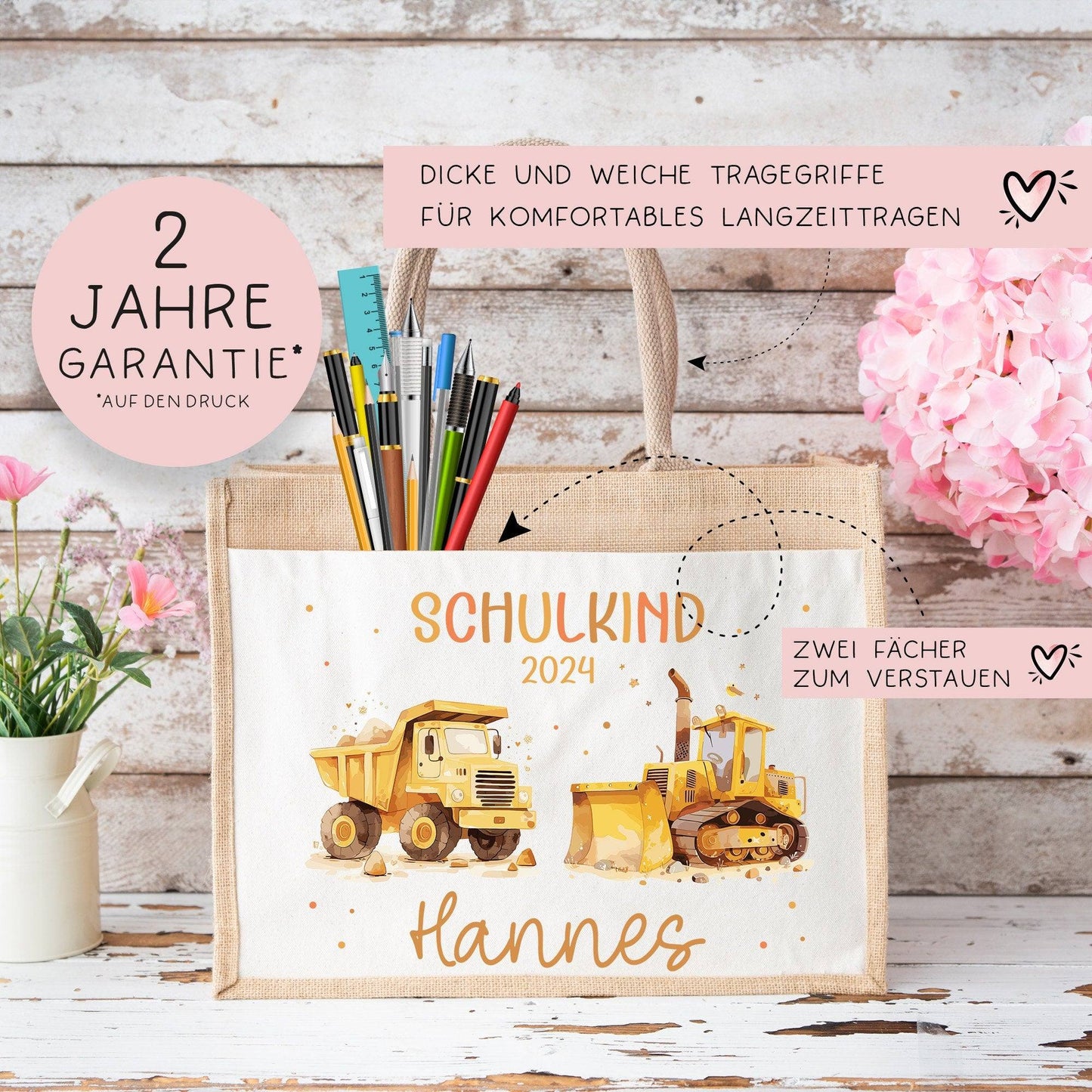 Schulkind Tasche 2024, Baustelle Kipper & LKW, Schultasche, Geschenk Einschulung, personalisierte Jutetasche, Einschulungsgeschenk kleinebuchstaben