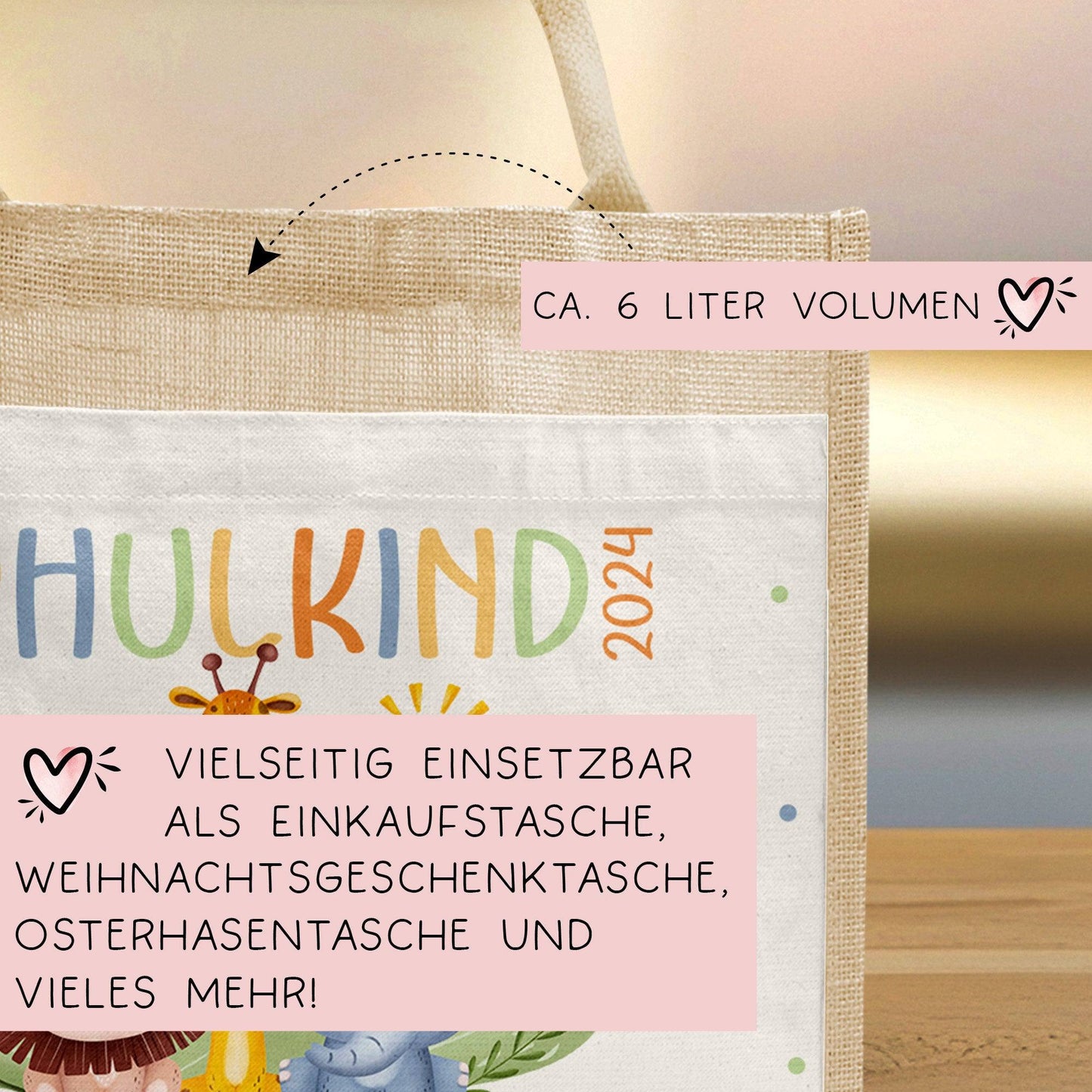 Schulkind 2024 Tasche, Zoo, Löwe Giraffe, Elefant, Schultasche, Geschenk Einschulung, personalisierte Jutetasche, Einschulungsgeschenk kleinebuchstaben