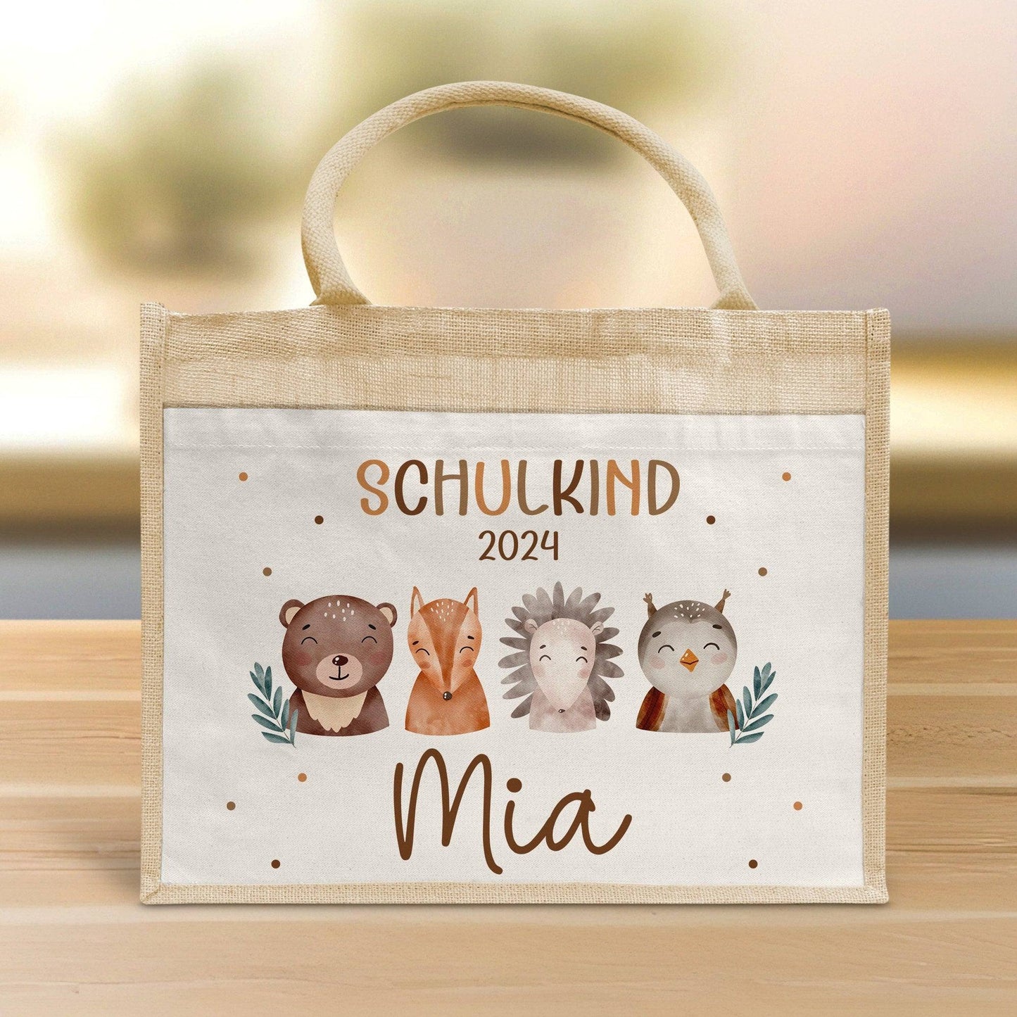 Schulkind Tasche 2024, Waldtiere Bär, Eule Fuchs Igel, Geschenk Einschulung, Schultüte, personalisierte Jutetasche, Einschulungsgeschenk kleinebuchstaben