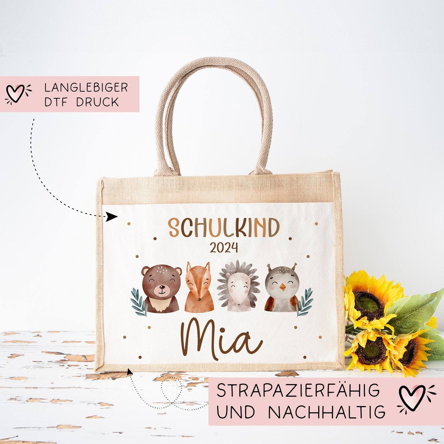 Schulkind Tasche 2024, Waldtiere Bär, Eule Fuchs Igel, Geschenk Einschulung, Schultüte, personalisierte Jutetasche, Einschulungsgeschenk kleinebuchstaben