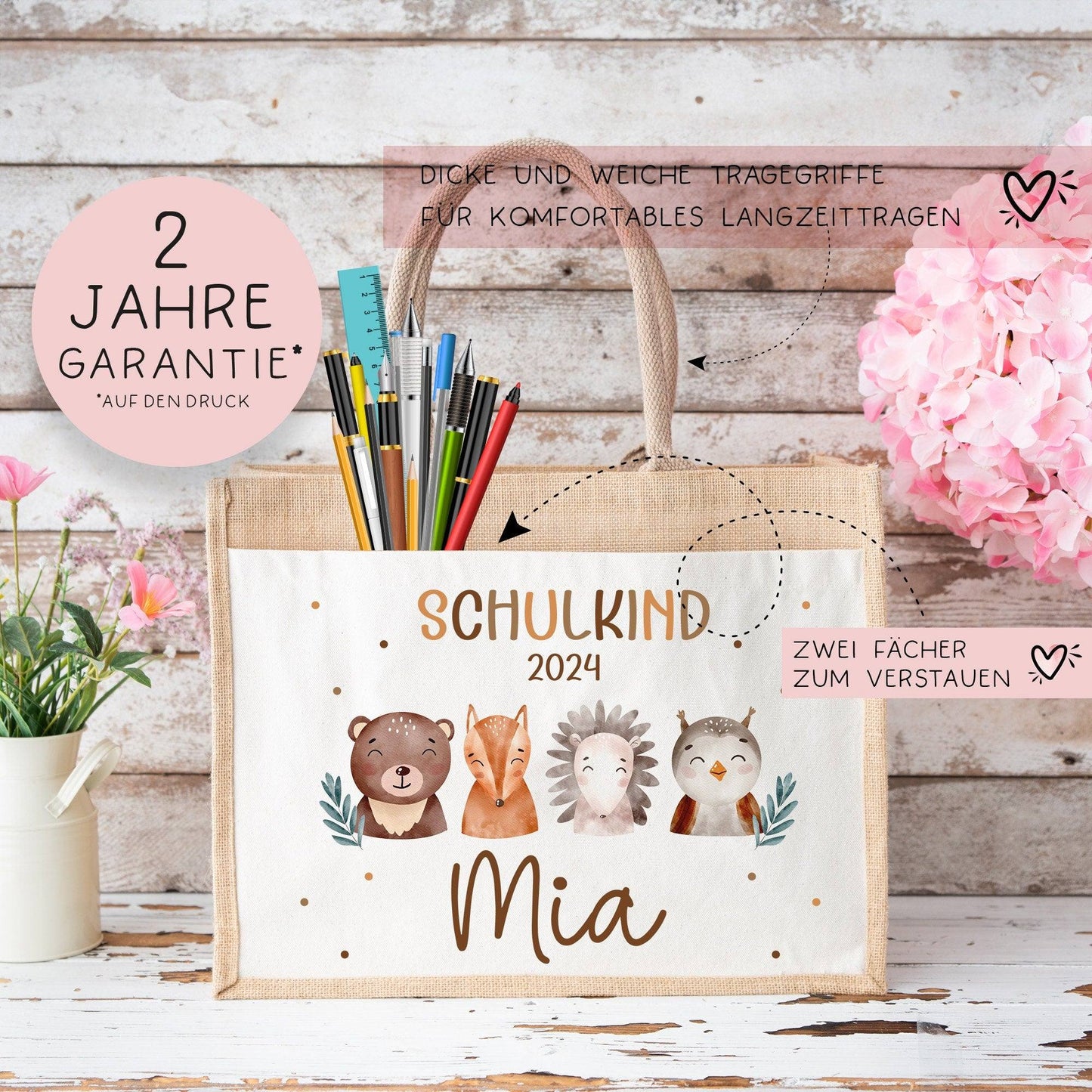 Schulkind Tasche 2024, Waldtiere Bär, Eule Fuchs Igel, Geschenk Einschulung, Schultüte, personalisierte Jutetasche, Einschulungsgeschenk kleinebuchstaben