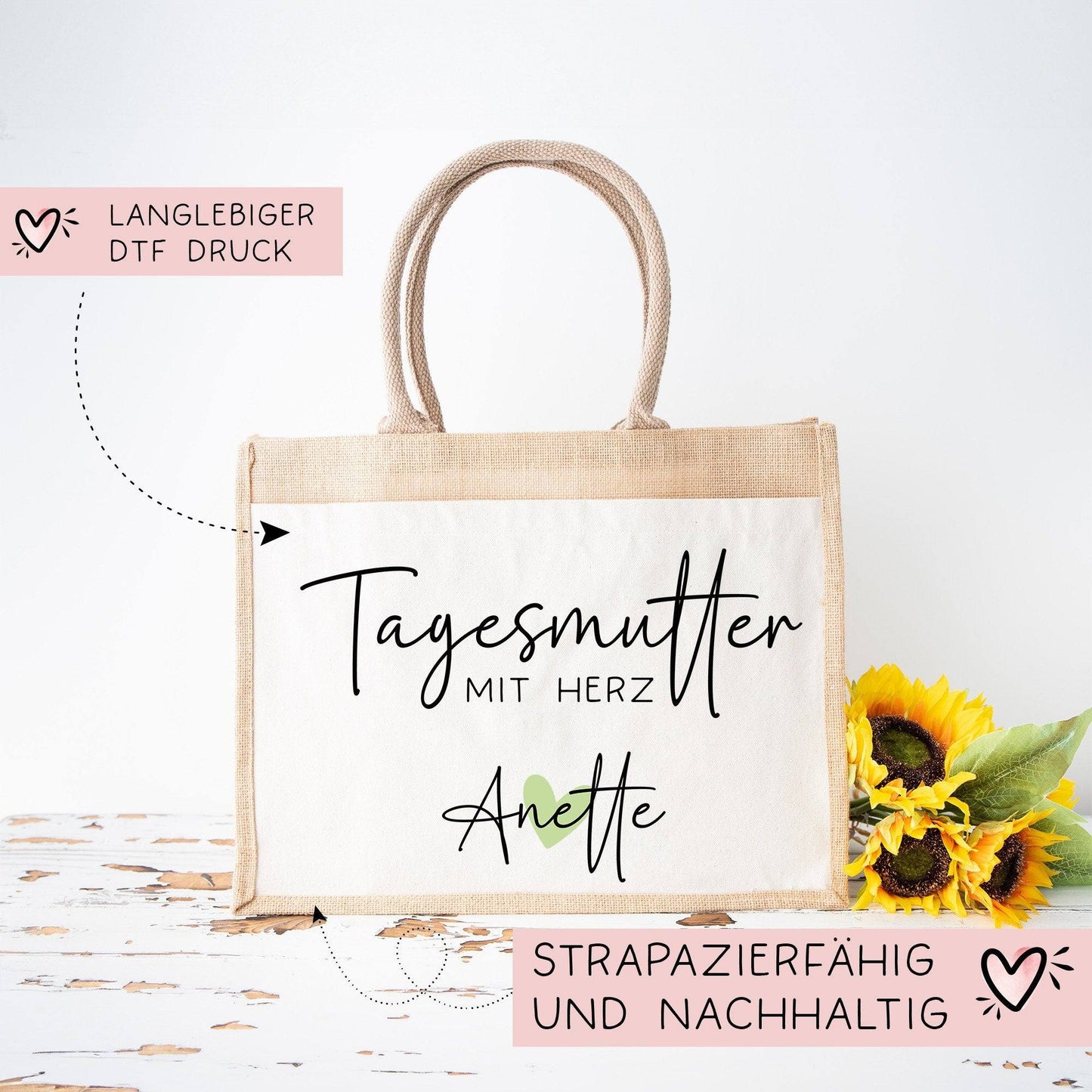 Tagesmutter mit Herz Tasche mit Namen - kleines Geschenk - Dankeschön Juteasche Abschiedsgeschenk - Beste Tagesmutter mit Wunschtext kleinebuchstaben