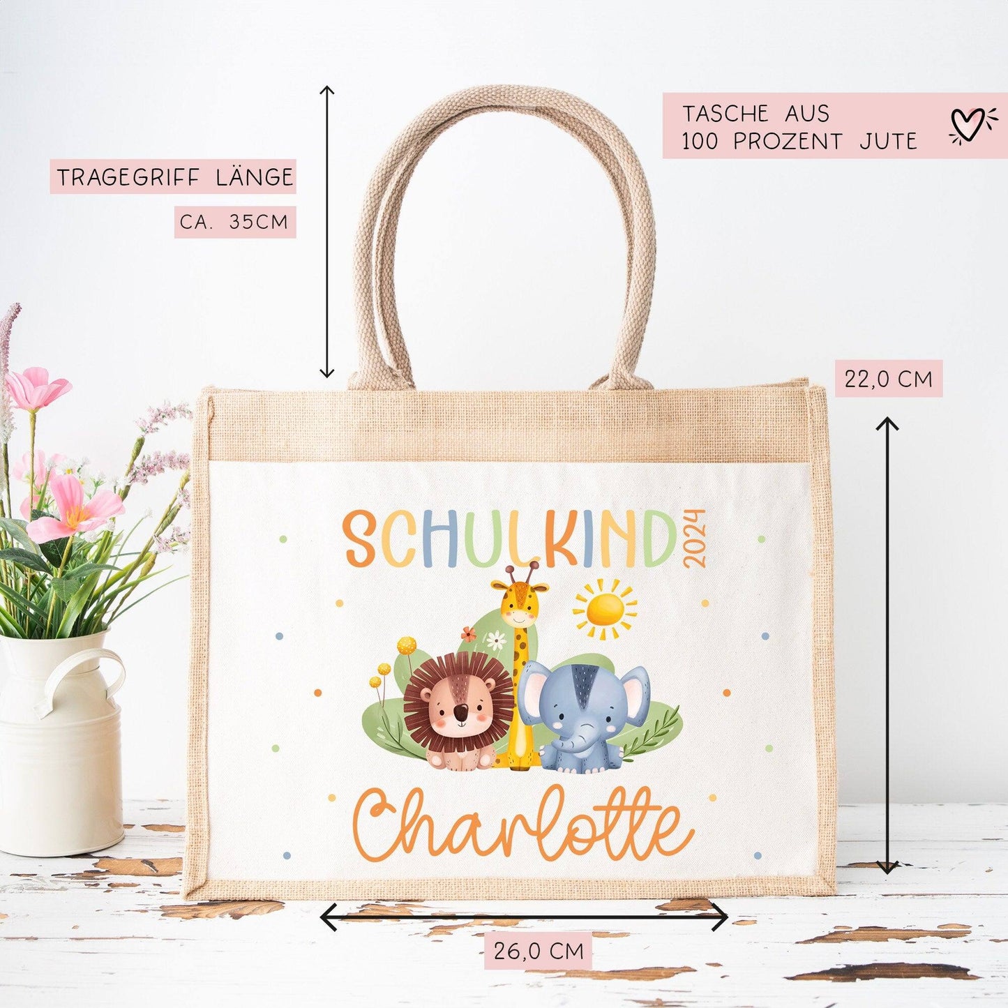 Schulkind 2024 Tasche, Zoo, Löwe Giraffe, Elefant, Schultasche, Geschenk Einschulung, personalisierte Jutetasche, Einschulungsgeschenk kleinebuchstaben