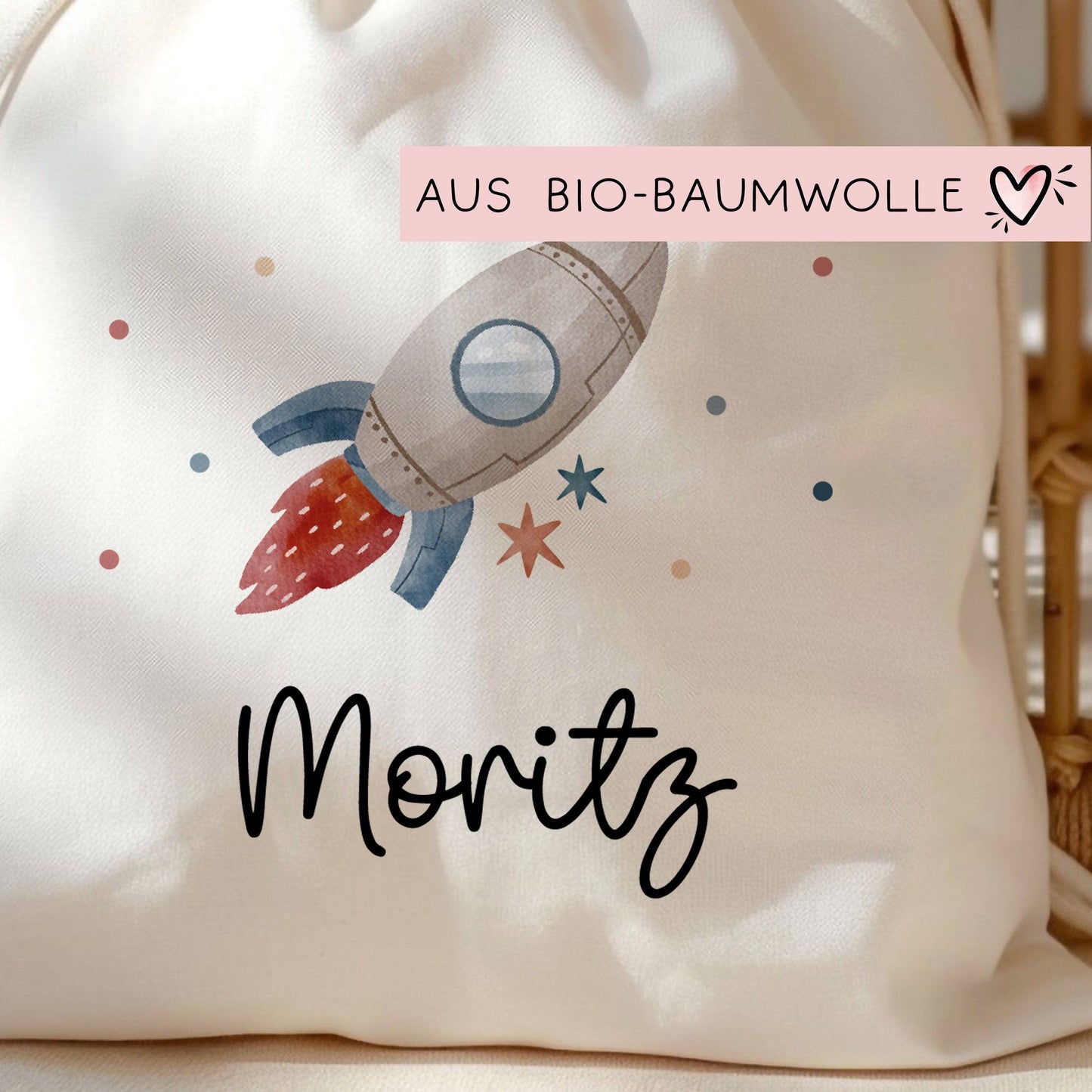 Kinder-Beutel mit Namen personalisiert Personalisierter Turnbeutel | Rakete Weltraum .Rucksack für als Sportbeutel für Schule, Kindergarten kleinebuchstaben