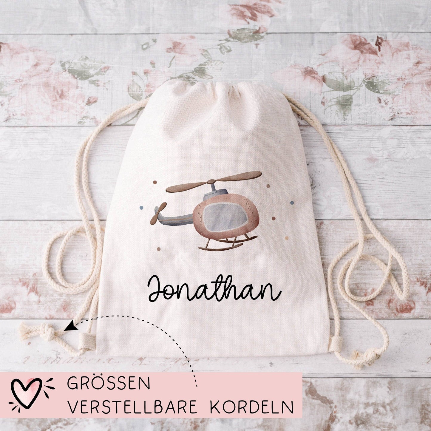 Hubschrauber Turnbeutel Rucksack mit Namen - GymBag als Wäschebeutel, Sportbeutel Kinderbeutel für Schule, Kindergarten, Kita.Personalisiert kleinebuchstaben