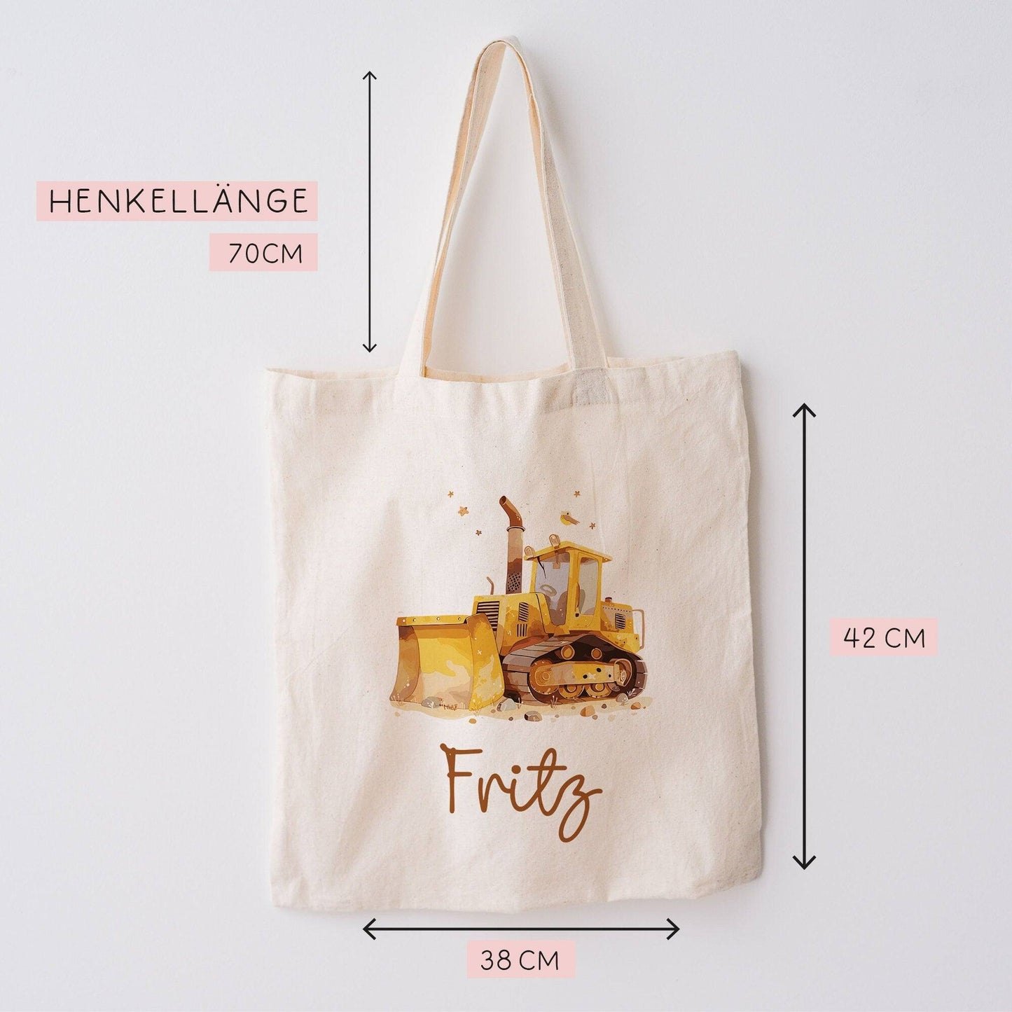 Bagger Stofftasche Einkaufstasche Kinder-Beutel mit Namen als Sporttasche, Wechselwäsche, Tragetasche - für Kita Schule & Kindergarten kleinebuchstaben