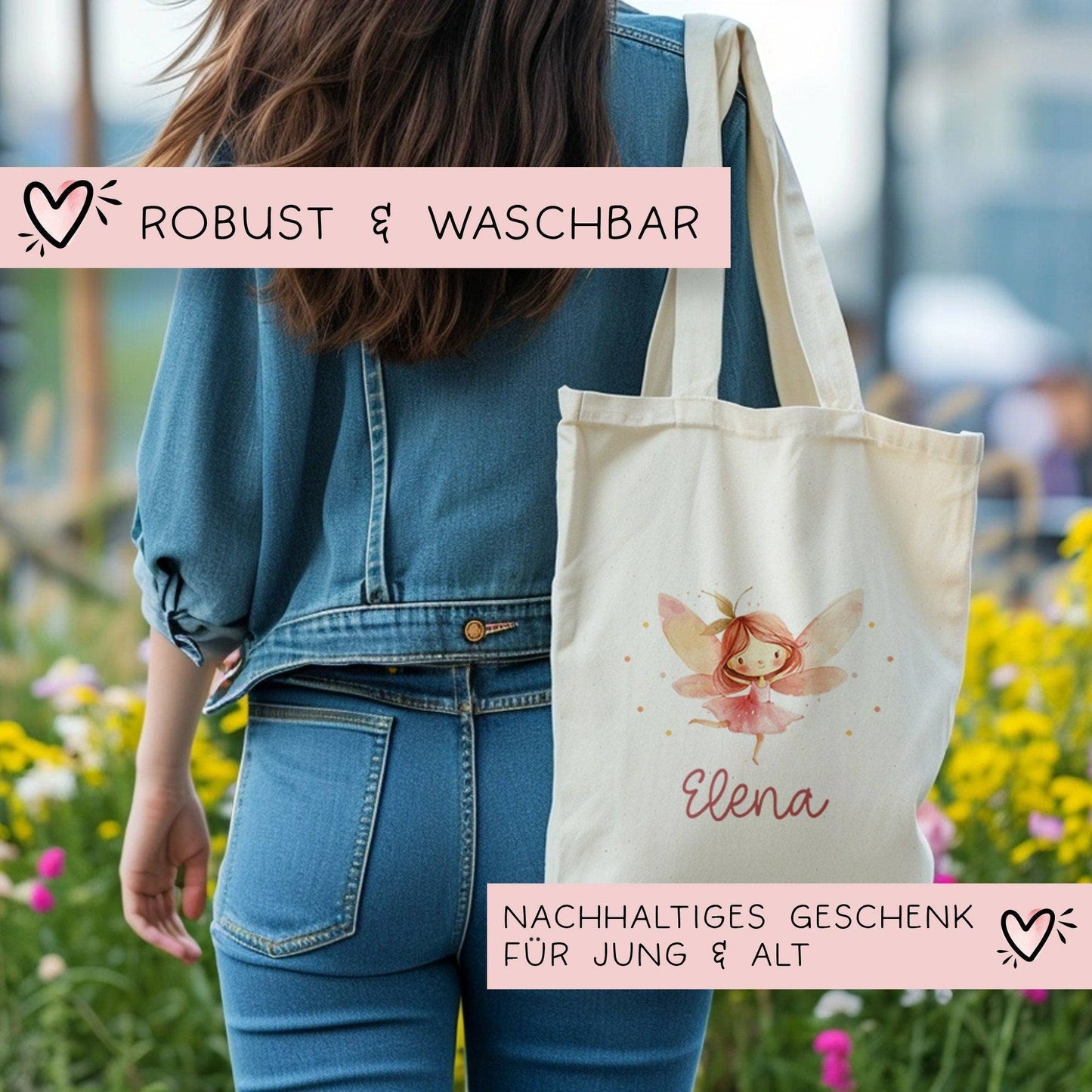 Ballerina Fee Stofftasche Einkaufstasche Kinder-Beutel mit Namen als Sporttasche, Wechselwäsche, Tragetasche -für Kita Schule & Kindergarten kleinebuchstaben