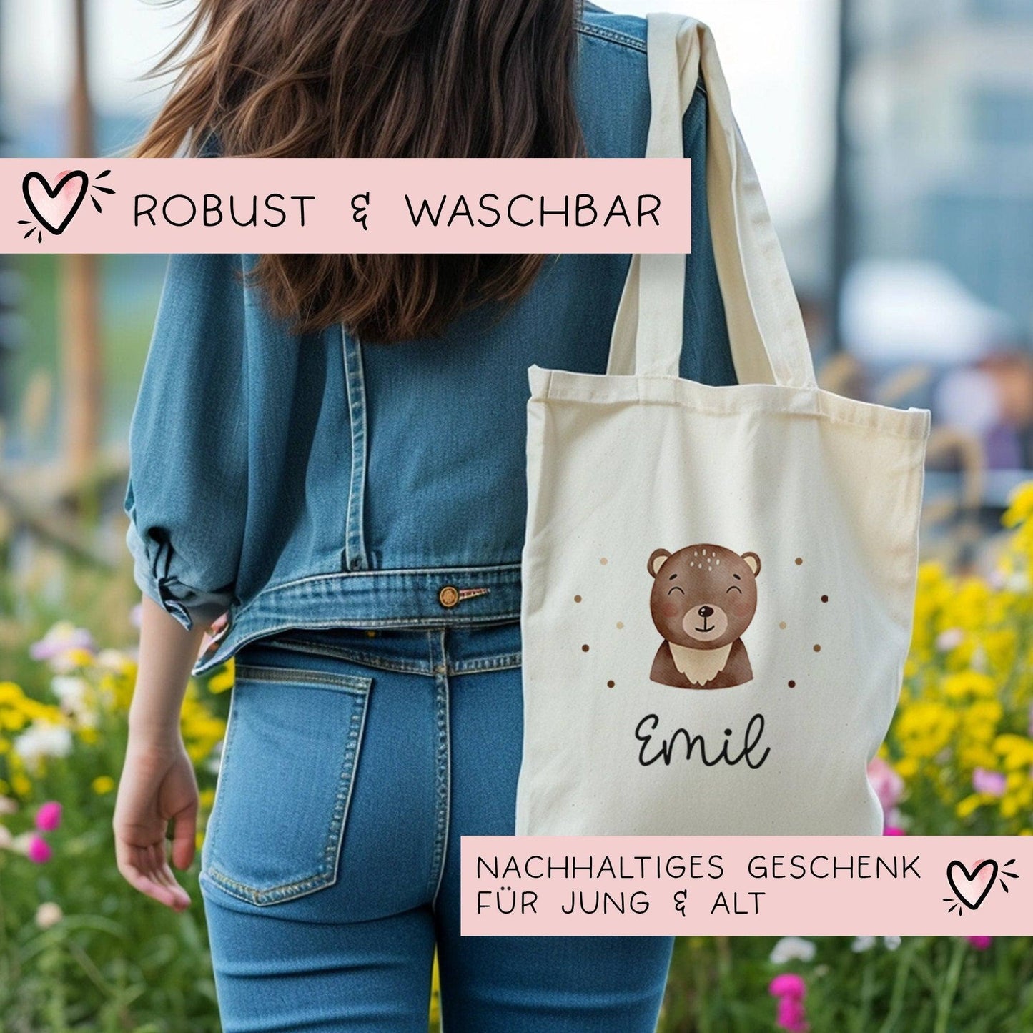Brauner Bär Stofftasche Einkaufstasche Kinder-Beutel mit Namen als Sporttasche, Wechselwäsche, Tragetasche -für Kita Schule & Kindergarten kleinebuchstaben
