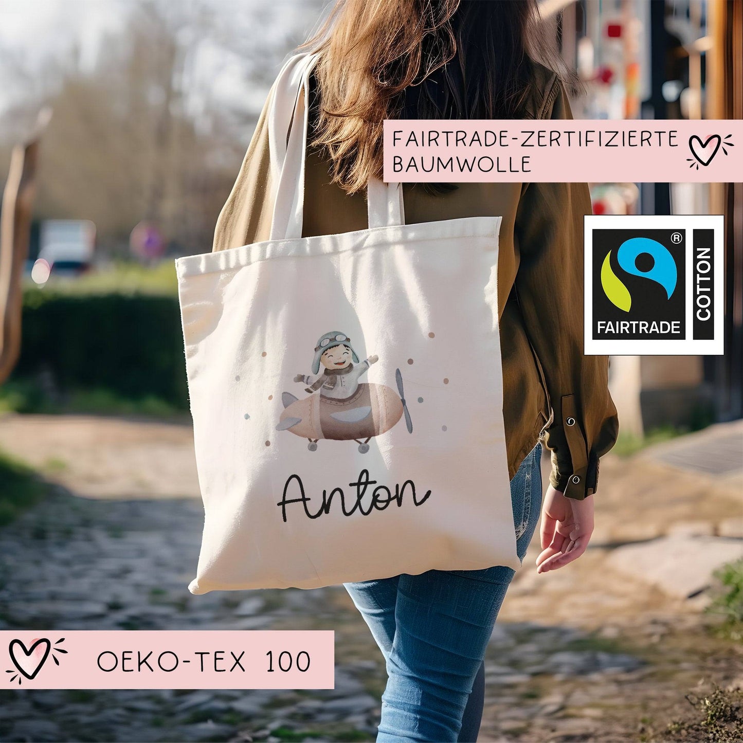 Flugzeug Stofftasche Tasche Kinder-Beutel mit Namen Wunschname als Sporttasche, Wechselwäsche, Tragetasche -für Kita Schule & Kindergarten kleinebuchstaben