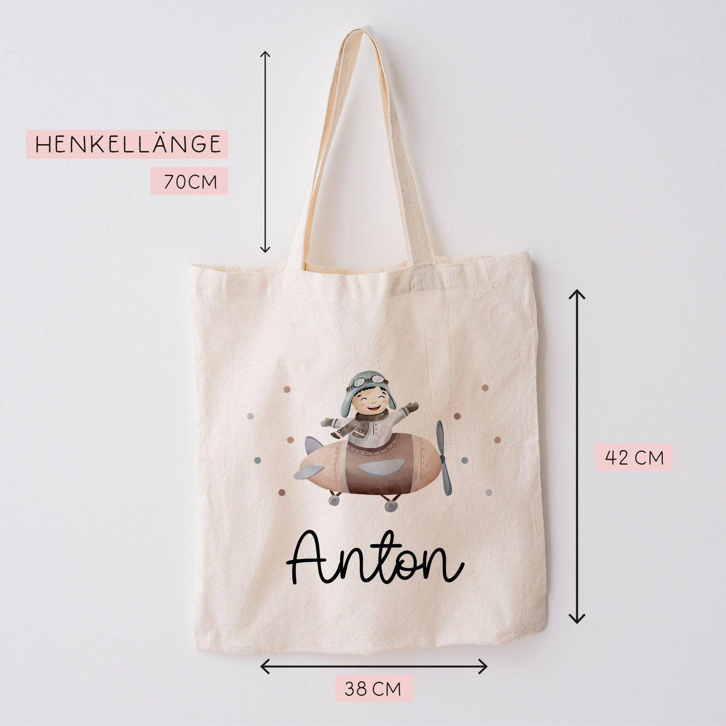 Flugzeug Stofftasche Tasche Kinder-Beutel mit Namen Wunschname als Sporttasche, Wechselwäsche, Tragetasche -für Kita Schule & Kindergarten kleinebuchstaben