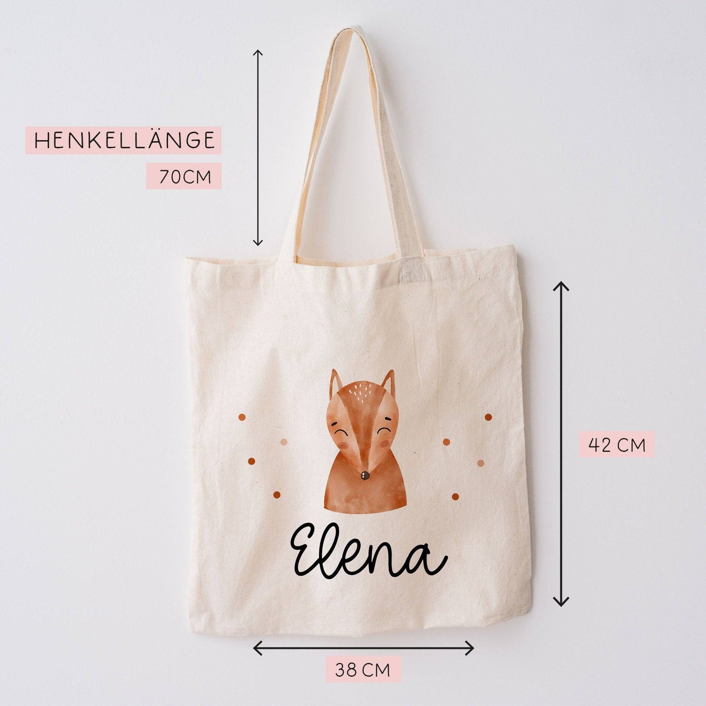 Fuchs Stofftasche Tasche Kinder-Beutel mit Namen Wunschname als Sporttasche, Wechselwäsche, Tragetasche -für Kita Schule & Kindergarten kleinebuchstaben