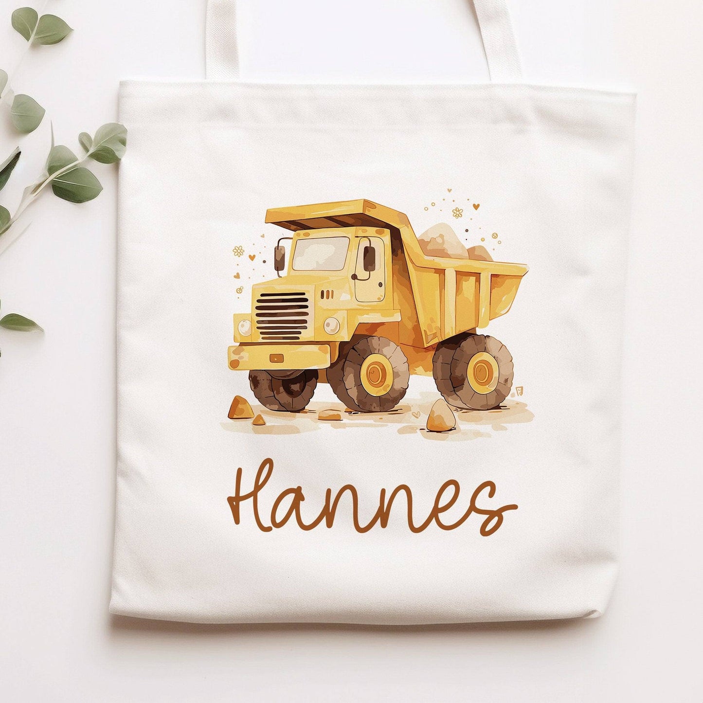 LKW Kipper Stofftasche Tasche Kinder-Beutel mit Namen Wunschname als Sporttasche, Wechselwäsche, Tragetasche - Kita, Schule & Kindergarten kleinebuchstaben