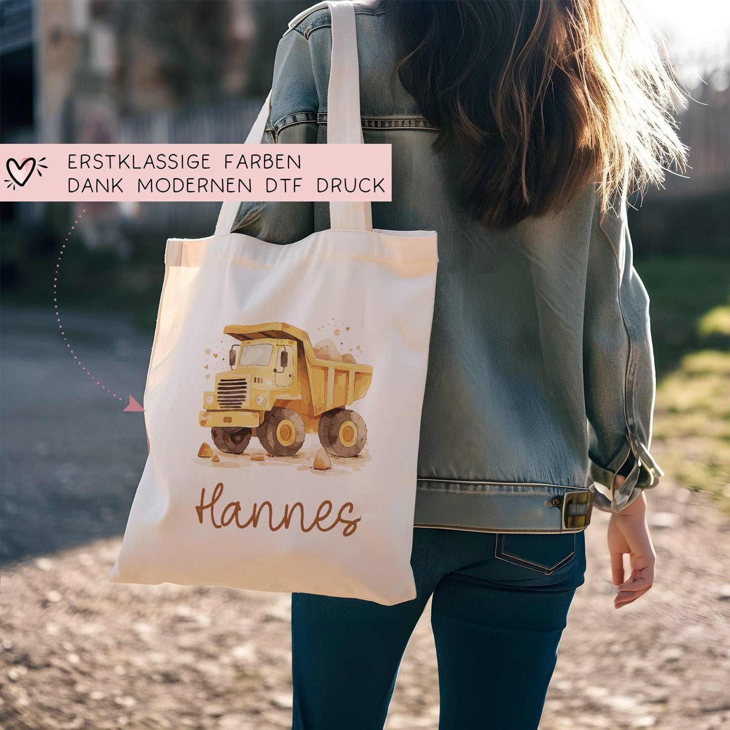 LKW Kipper Stofftasche Tasche Kinder-Beutel mit Namen Wunschname als Sporttasche, Wechselwäsche, Tragetasche - Kita, Schule & Kindergarten kleinebuchstaben