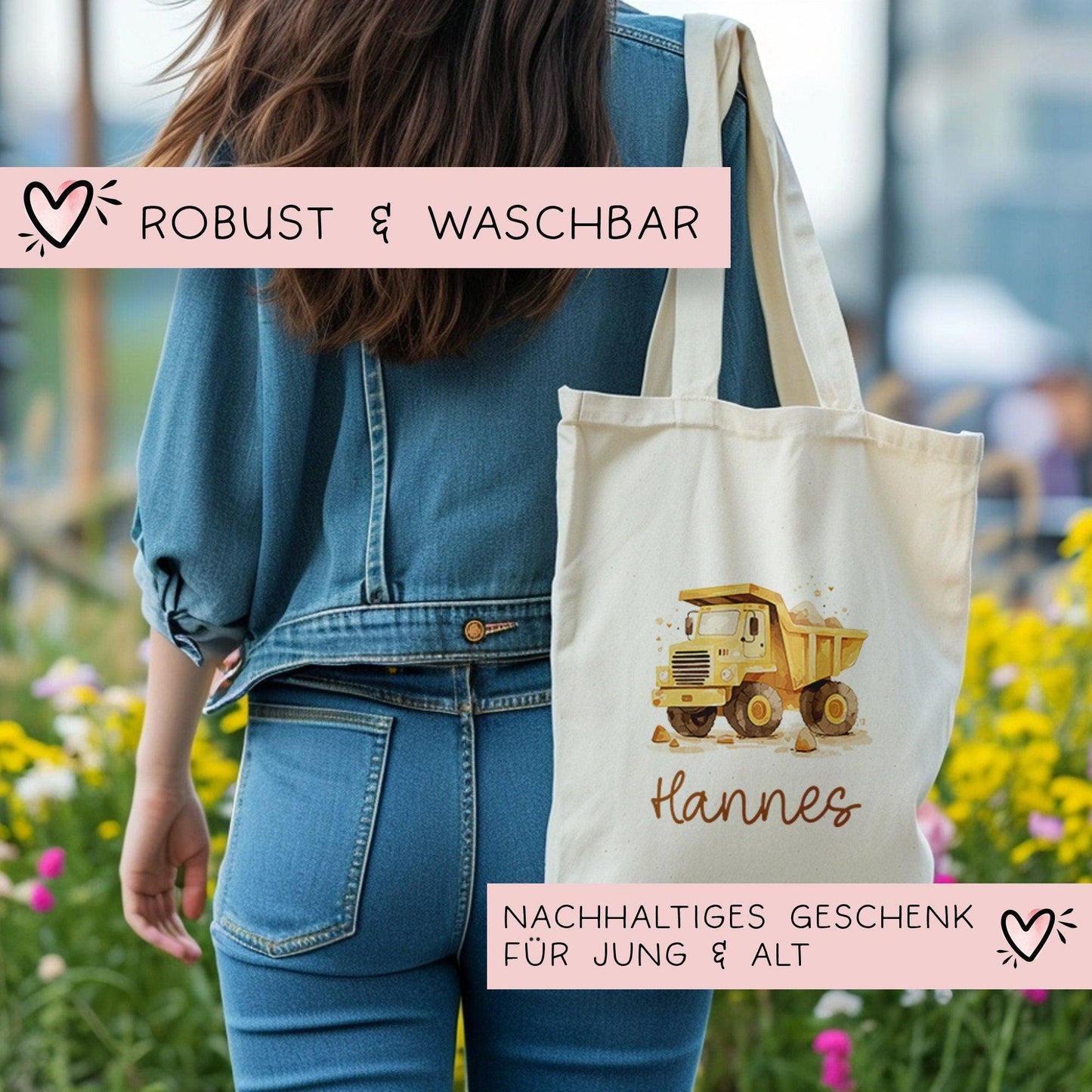 LKW Kipper Stofftasche Tasche Kinder-Beutel mit Namen Wunschname als Sporttasche, Wechselwäsche, Tragetasche - Kita, Schule & Kindergarten kleinebuchstaben