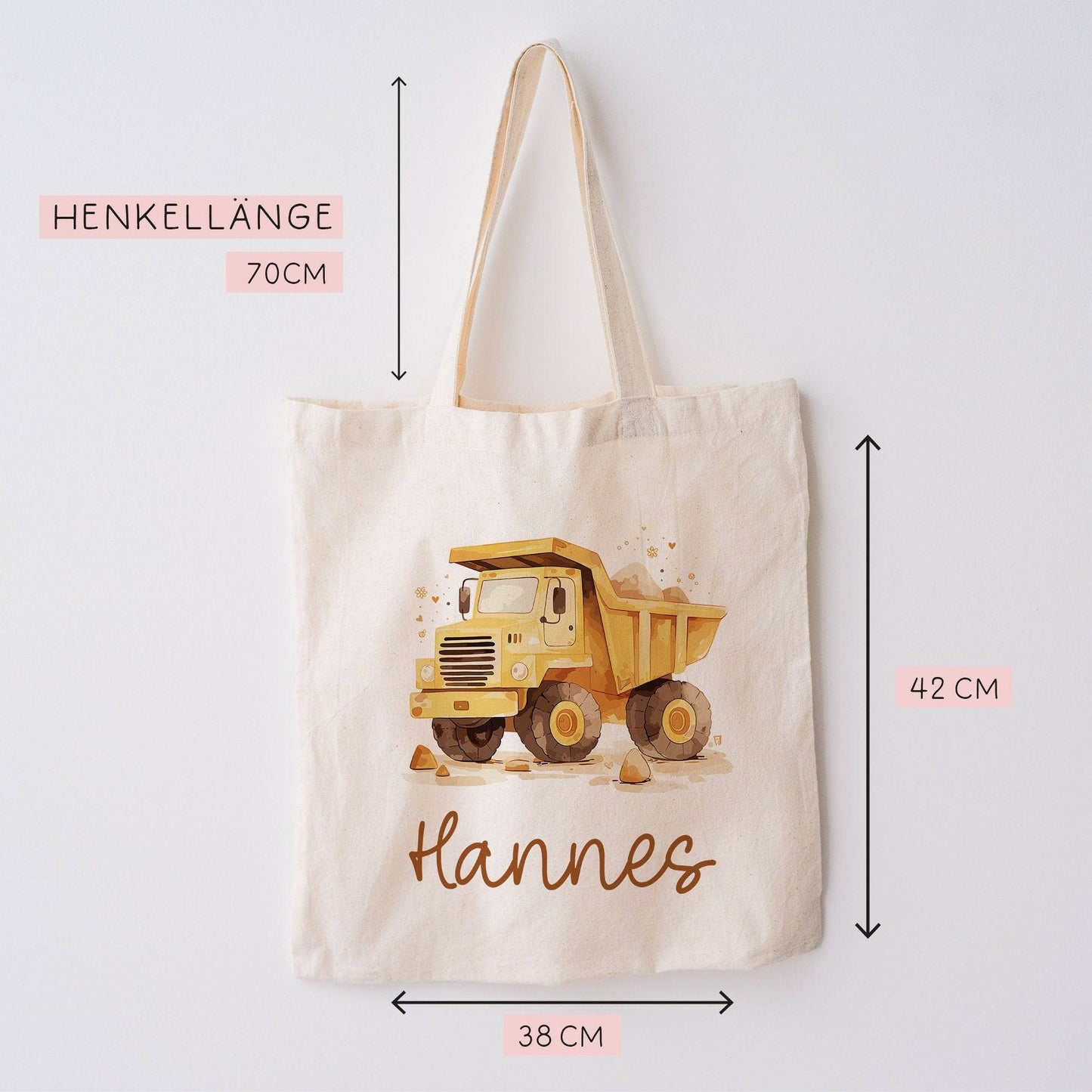 LKW Kipper Stofftasche Tasche Kinder-Beutel mit Namen Wunschname als Sporttasche, Wechselwäsche, Tragetasche - Kita, Schule & Kindergarten kleinebuchstaben