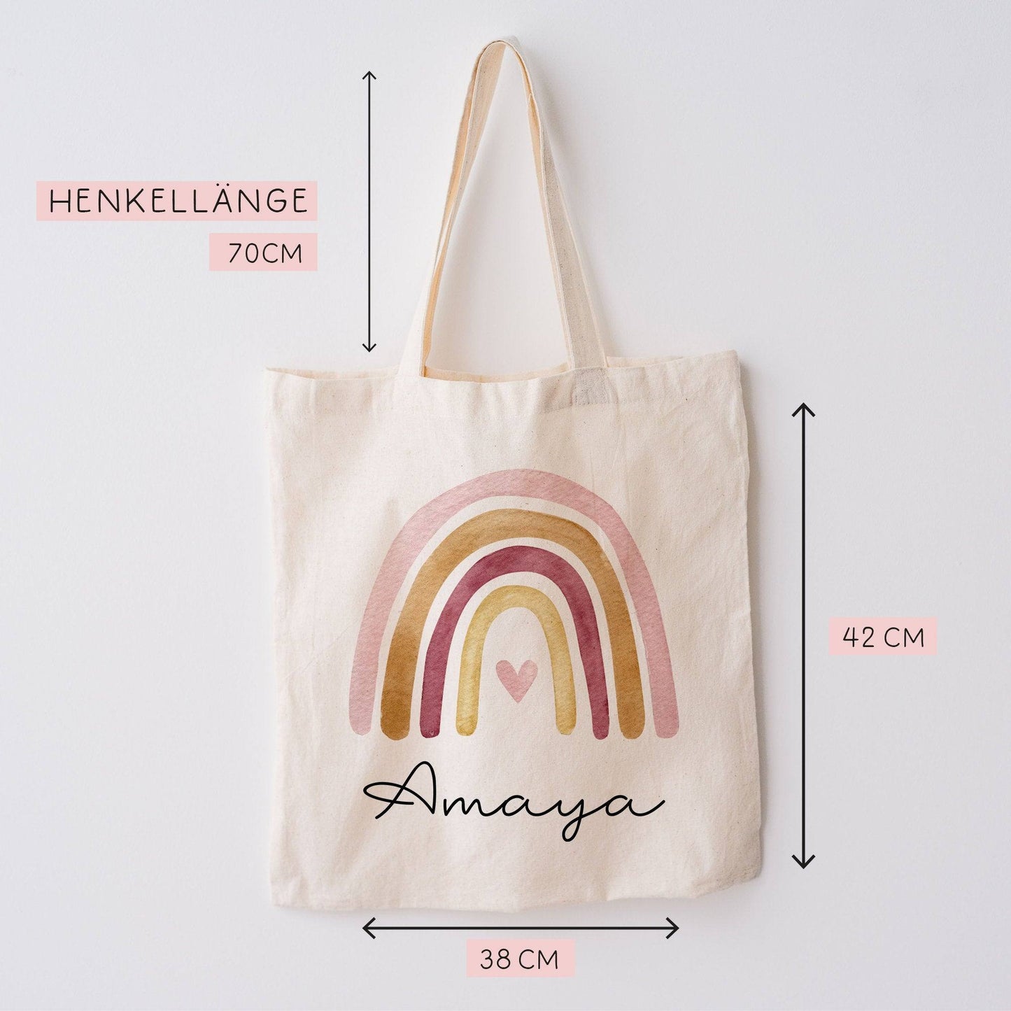 Regenbogen Stofftasche Tasche Kinder-Beutel mit Namen als Sporttasche, Wechselwäsche, Tragetasche - Kita, Schule & Kindergarten - Motiv 07 kleinebuchstaben