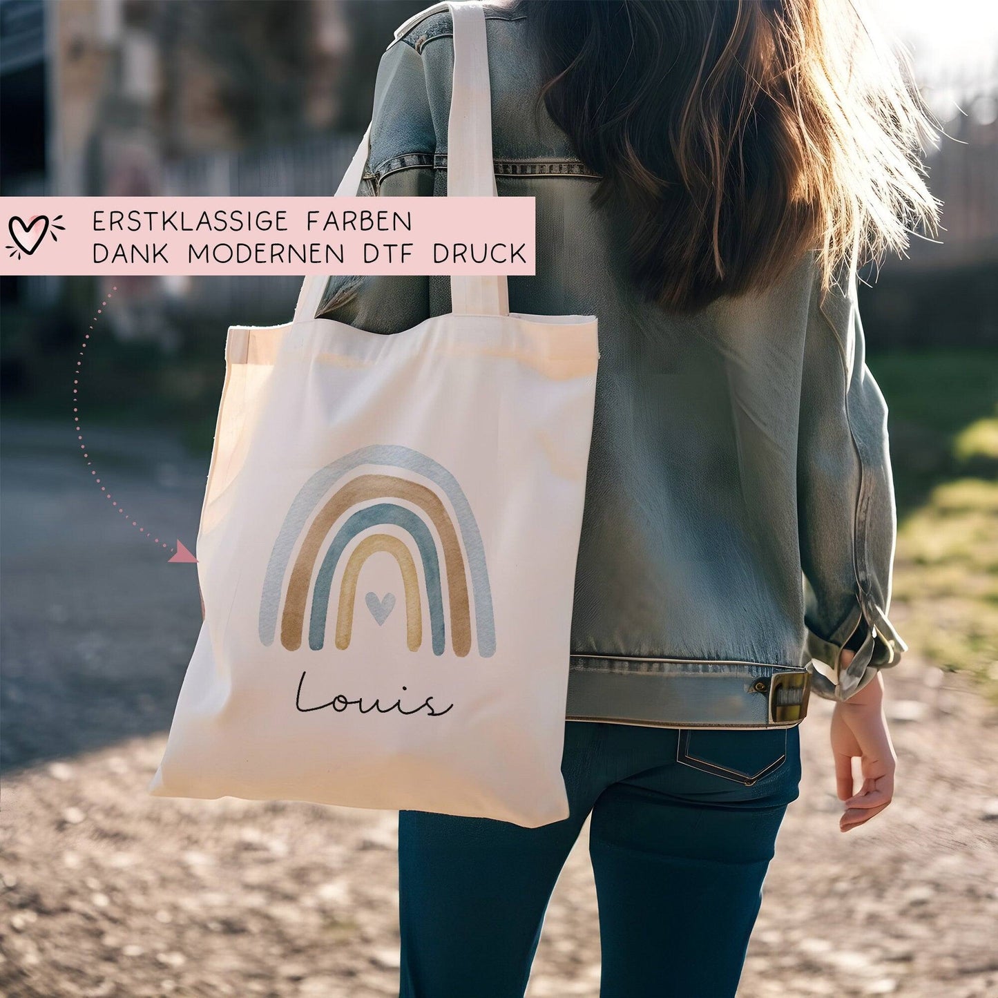 Regenbogen Stofftasche Tasche Kinder-Beutel mit Namen als Sporttasche, Wechselwäsche, Tragetasche - Kita, Schule & Kindergarten - Motiv 08 kleinebuchstaben
