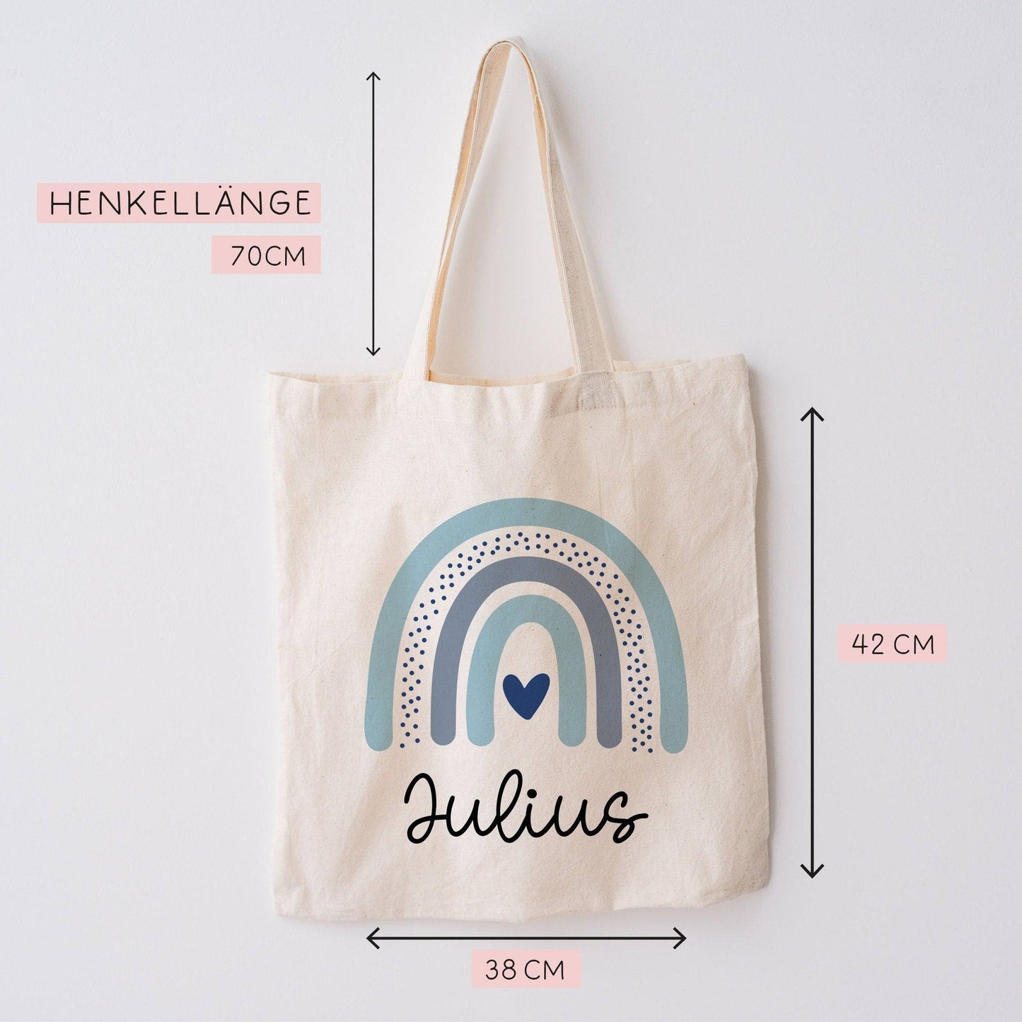 Regenbogen Blau Stofftasche Tasche Kinder-Beutel mit Namen als Sporttasche, Wechselwäsche, Tragetasche - Kita, Schule & Kindergarten - 06 kleinebuchstaben